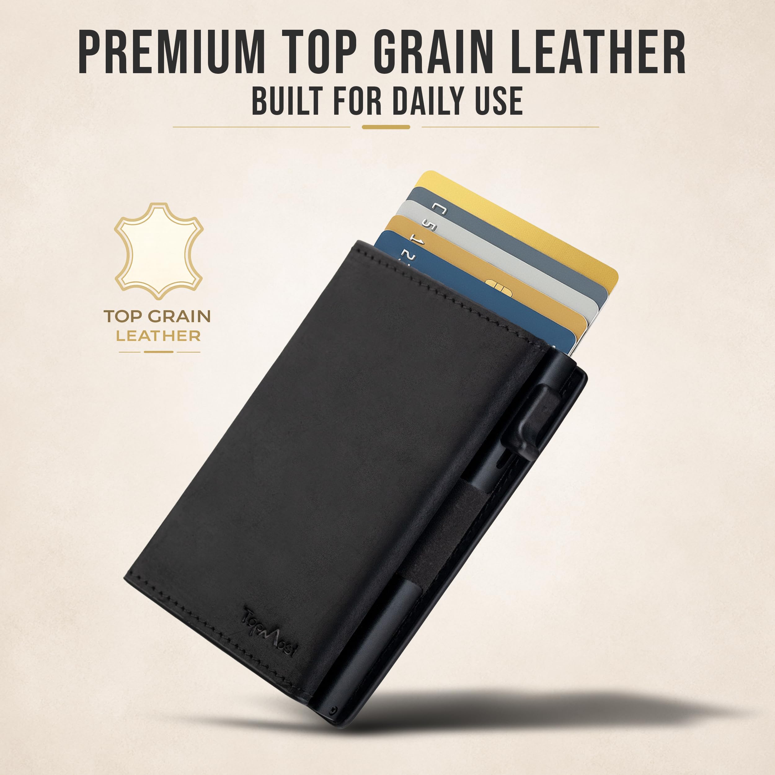 TopMost Men's Genuine Leather Flip Wallet Credit Card Holder Ridge Blokowanie RFID Portfele dla mężczyzn z okienkiem identyfikacyjnym, wąskie, minimalistyczne, pojemność 5-9