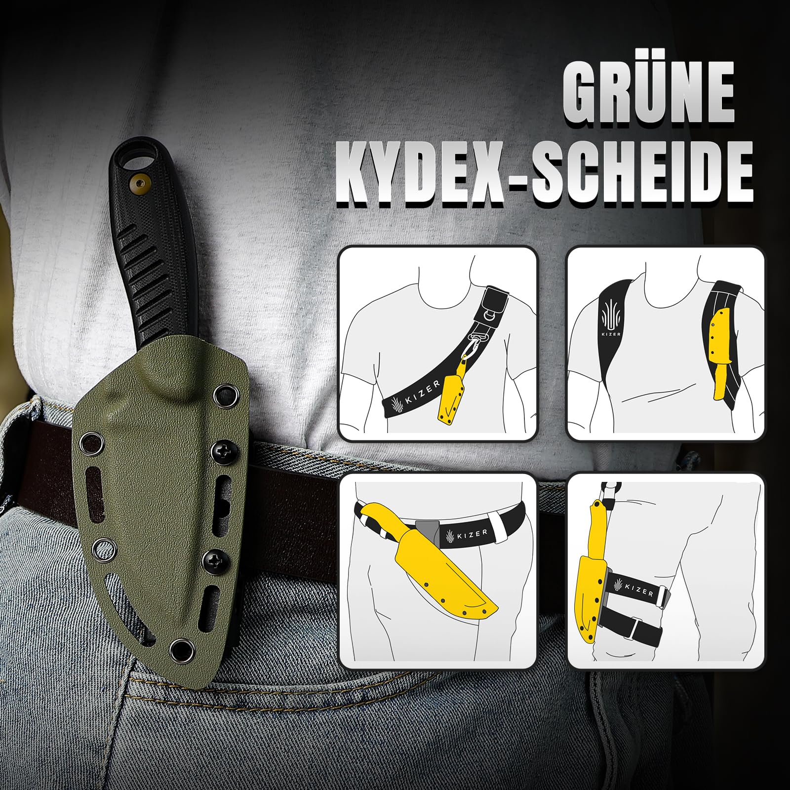 Kizer Hare Neck Knife EDC Messer mit D2 Klinge und G10 Griff, 1077M1 | 8cm Clip Point Klinge mit Schwarzem Griff, Kleine Outdoor Bushcraft Camping Survival Messer mit Scheide für Männer Frauen
