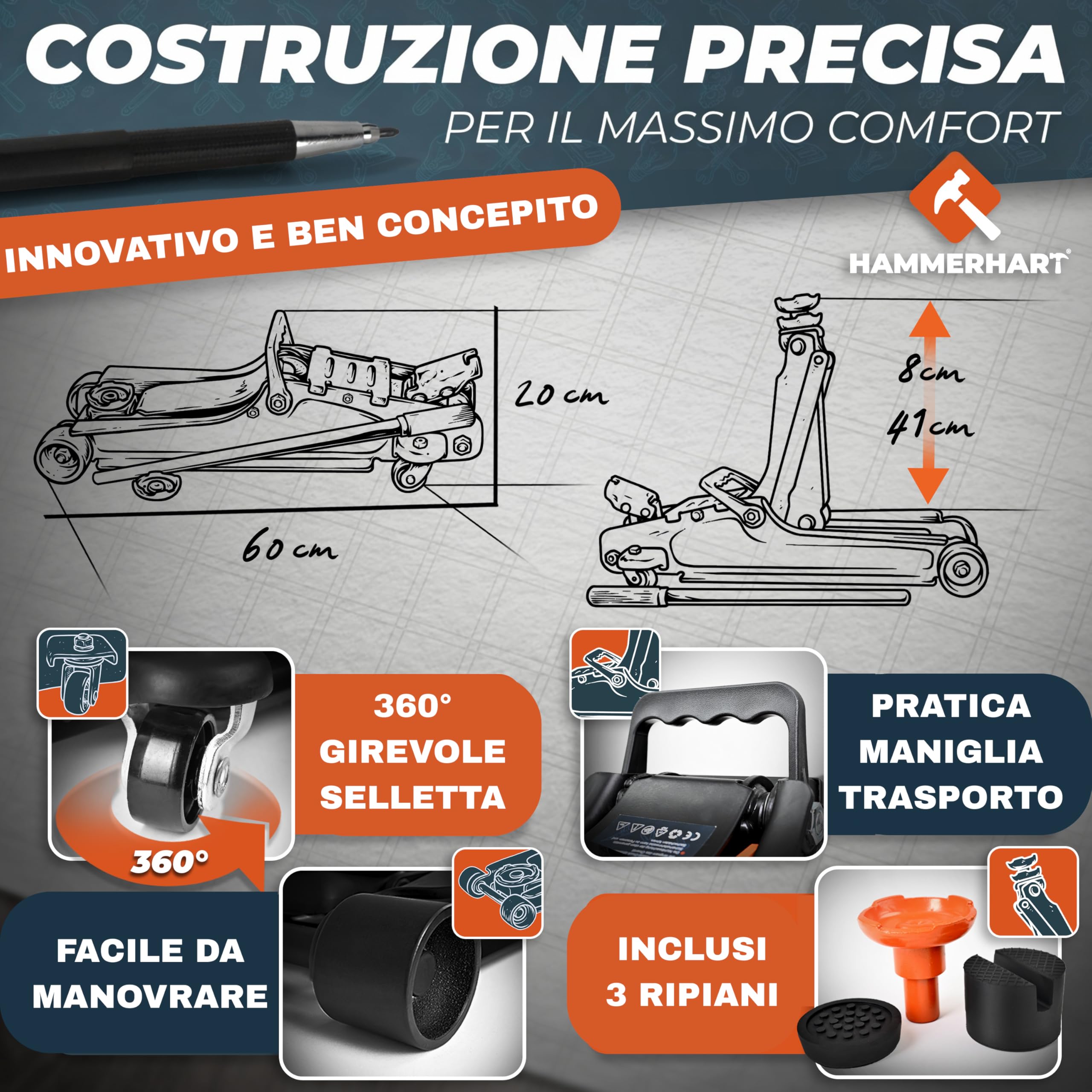 Cric per auto 2,5 tonnellate | Sollevatore auto certificato TÜV con altezza di sollevamento da 85 a 384 mm | Cric idraulico premium con ruote a 360° e doppio pistone | Cric supporti in gommae valigett