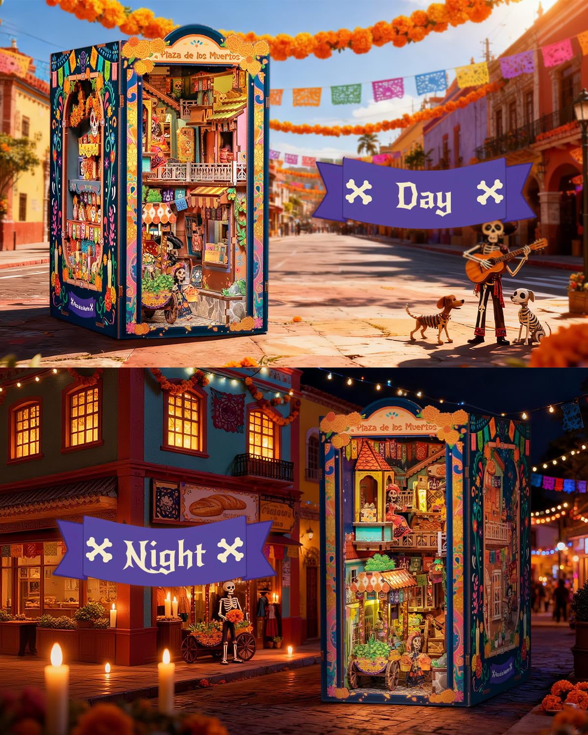 CUTEBEE Book Nook Kit - Miniaturowe domki lalkowe DIY meksykańska fiesta, Żywy model uliczki z LED, Prezent dla rodziny i przyjaciół (Plaza de los Muertos)