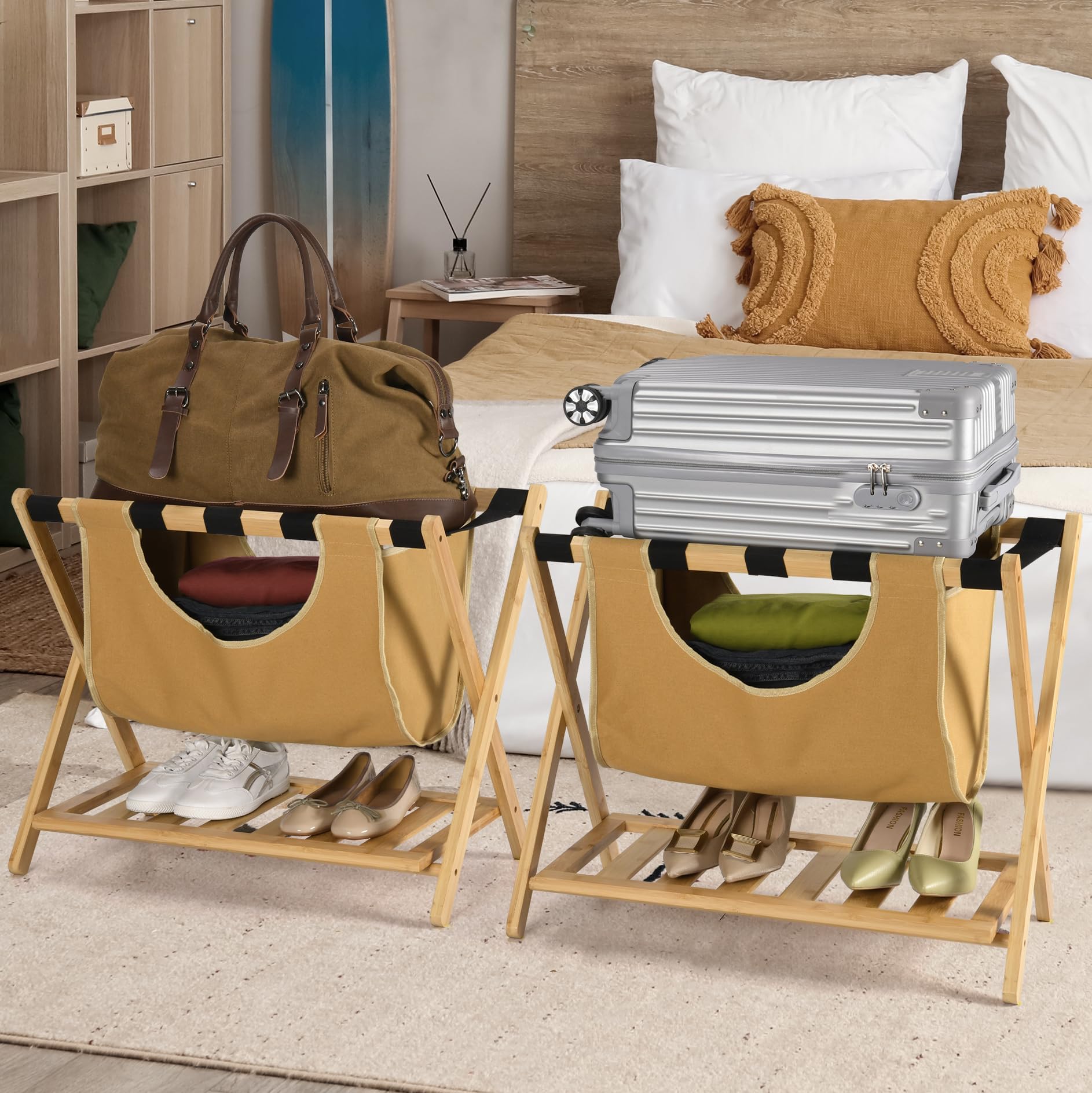Foldable Luggage Rack with Shelf – Sturdy Suitcase Stand 2 Pack – Bamboo Luggage Stand with Removable Laundry Bag – Ideal for Guest Room, Bedroom & Hotel Organization – Natural