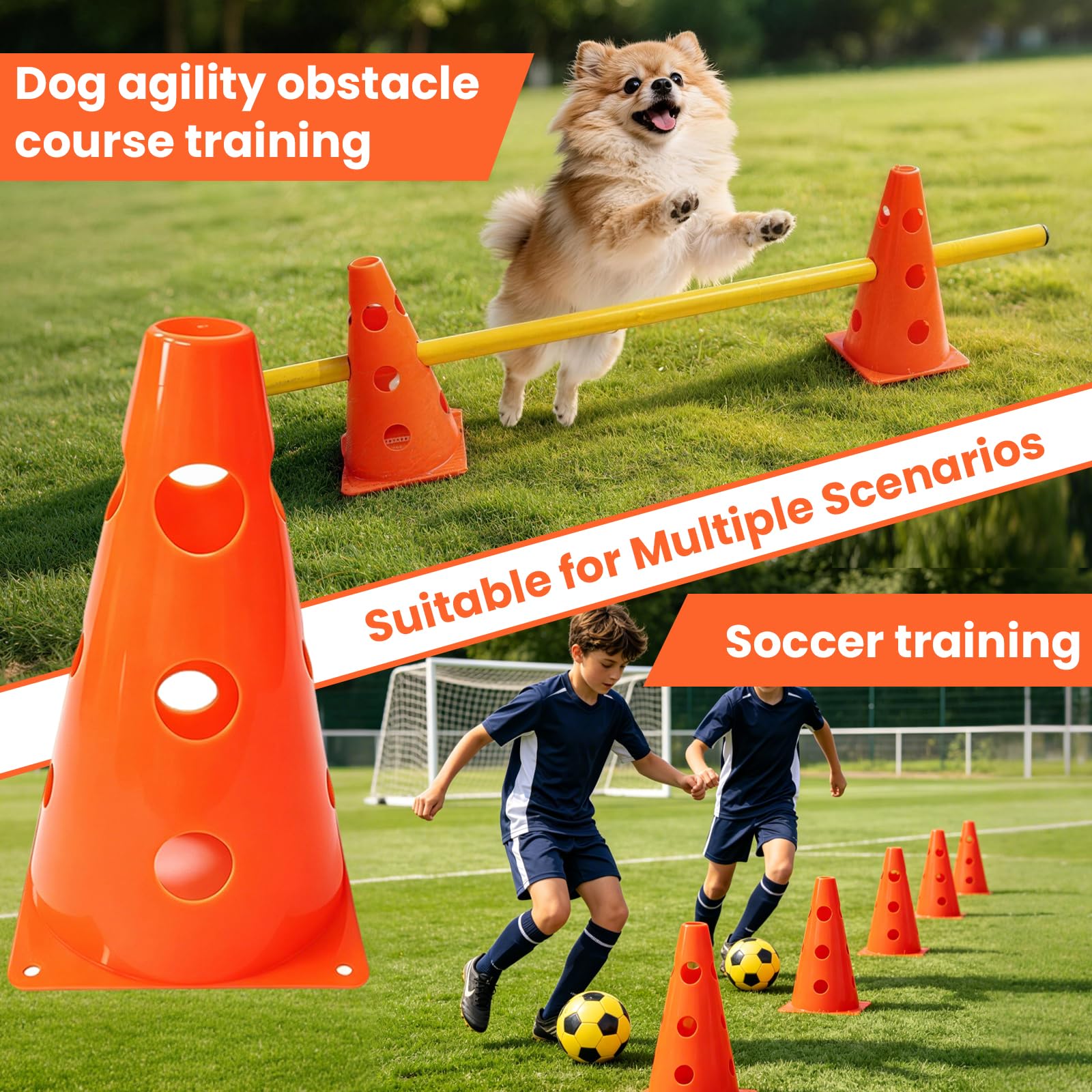 Set Agility per cani e bambini, set di ostacoli sportivi con 8 coni (23 cm) + 4 aste (80 cm), allenamento di coordinazione per cani, bambini, sport di squadra e calcio