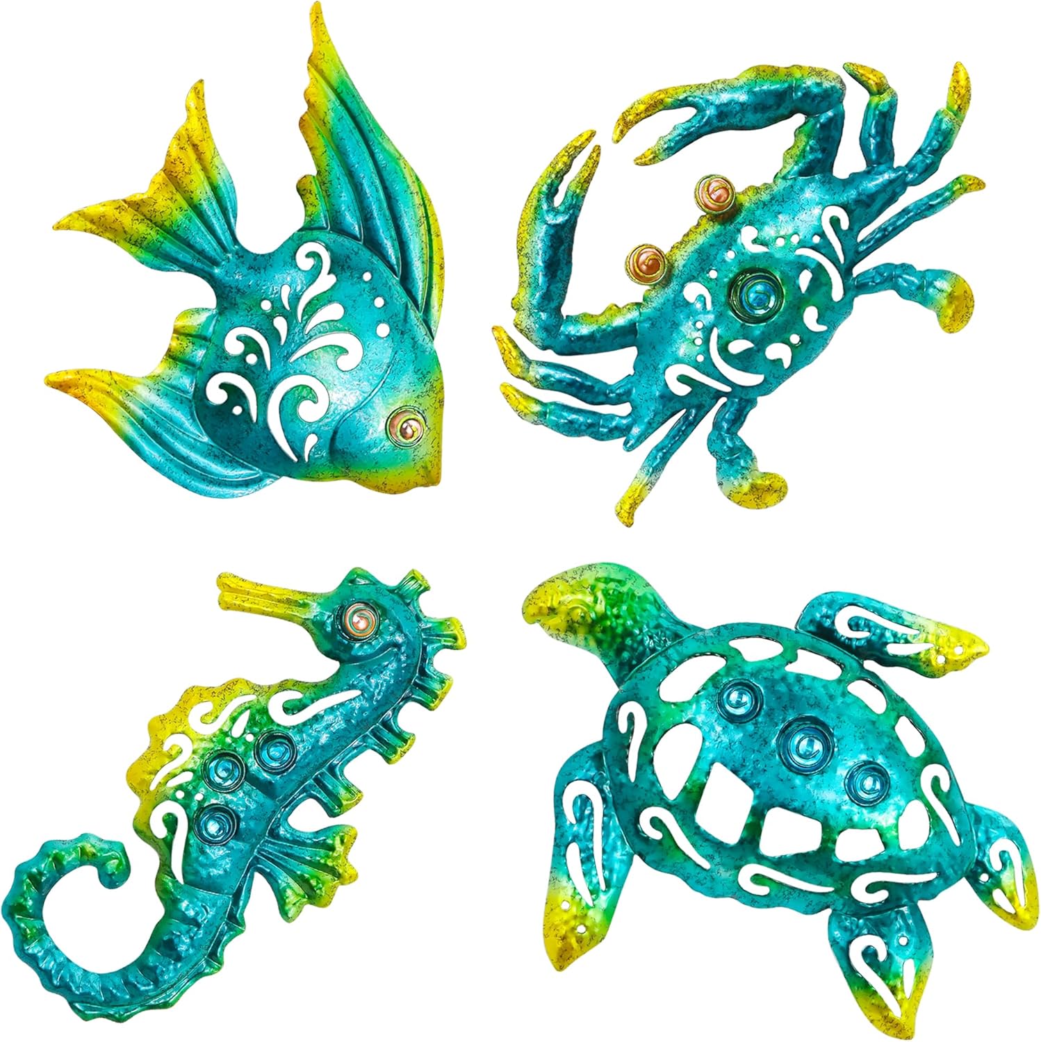 BVLFOOK Metal Sea Turtle Fish Seahorse Crab Fish Beach Themed Bathroom Wall Art Decor, Ocean Themed Wall Decorations for Home Bathroom,Outdoor Garden Accents Hanging Decoration Blue,10 Inch, Set of 4