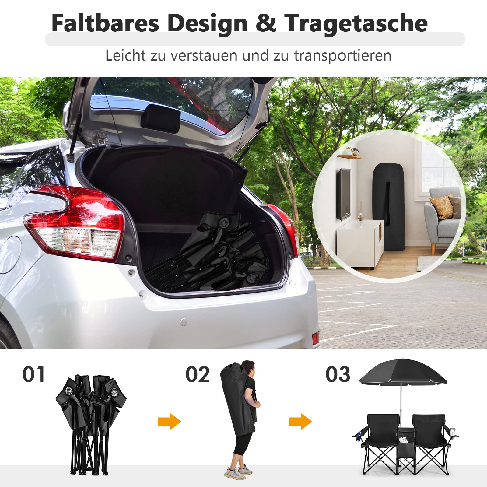 COSTWAY 2-Sitzer Campingstuhl mit Sonnenschirm, Kühltasche, Getränkehalter & Seitentasche, klappbarer Angelstuhl mit Tragetasche, Faltstuhl, Klappstuhl für Camping, Angeln, Picknick (Schwarz)