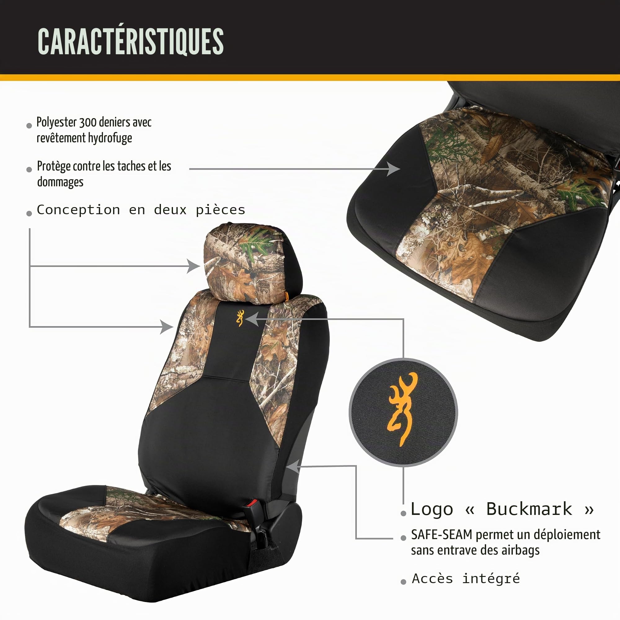 Browning Housses de siège universelles pour sièges Avant et Banc, résistantes à l'eau et à la saleté, pour Voiture, Camion et SUV, Realtree Edge (Excursion), Dossier Bas (Simple)