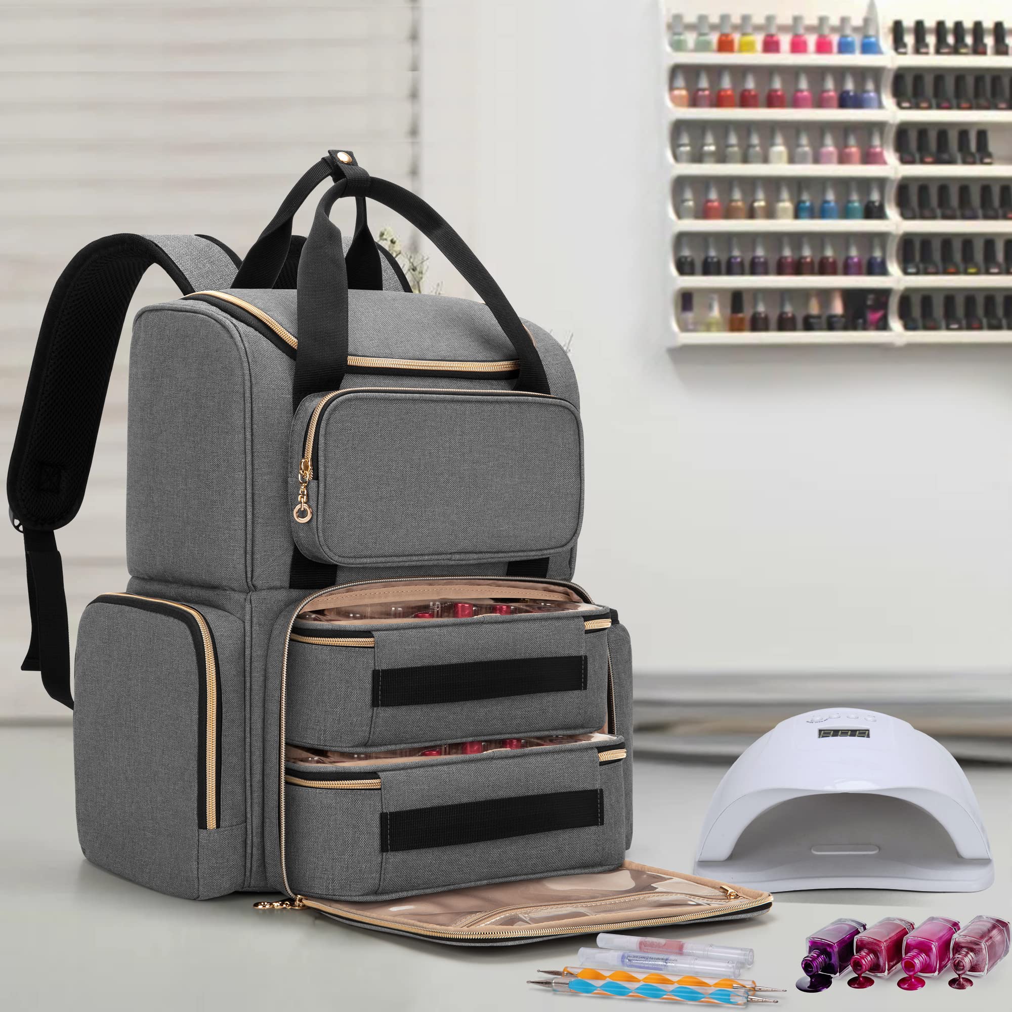 Luxja Organizer Smalti per Unghie (Versione Zaino) per 70 Bottiglie e una Lampada per Unghie, Custodia Porta Smalti per Unghie con 2 Sacchetti Rimovibili, Borsa Organizer per Smalti, Grigio
