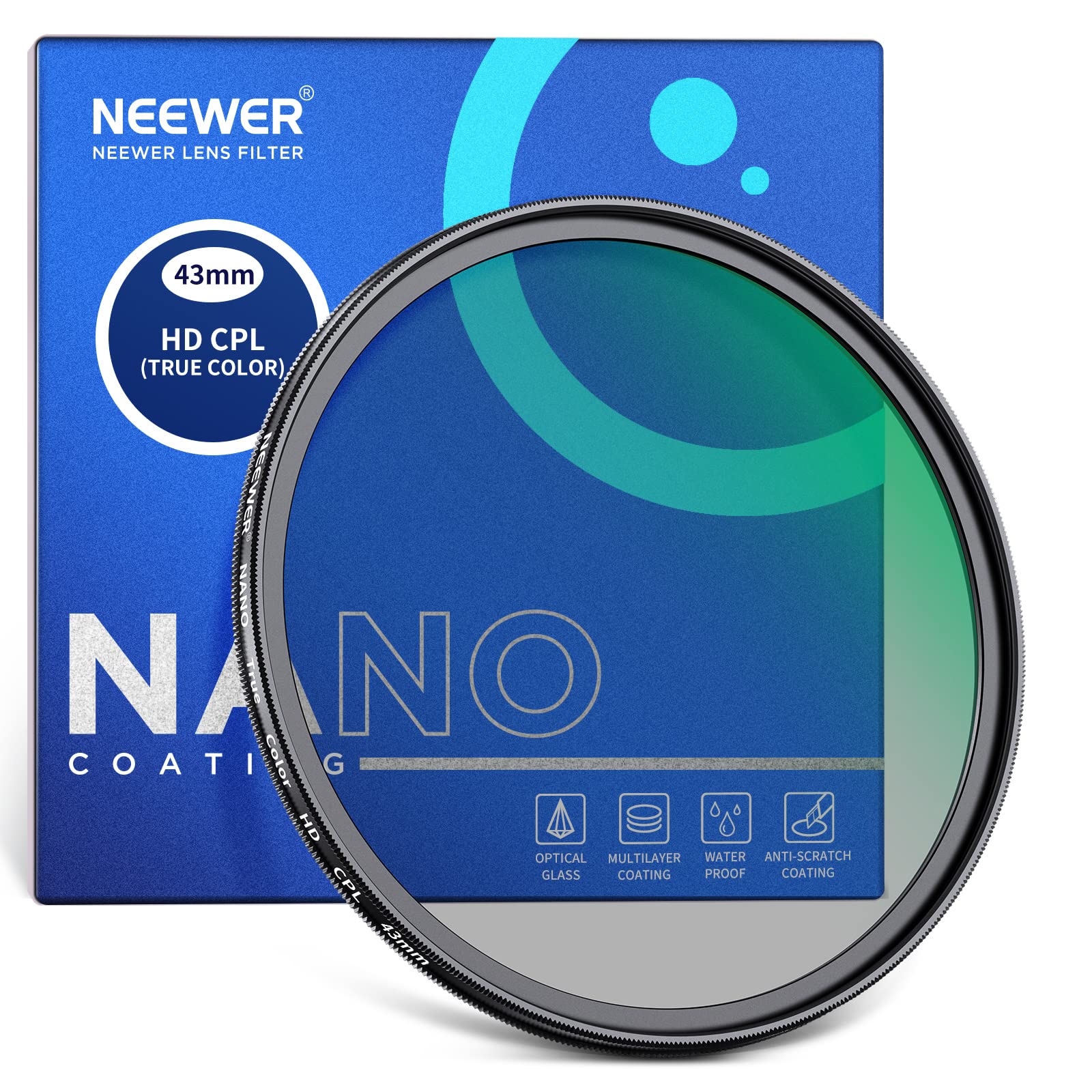 NEEWER 43mm True Color Polarizer Filter HD Optical Glass Double Sided 30 Layer Nano Coatings Circular Polarizing Filter(CPL) Aluminum Frame/Water