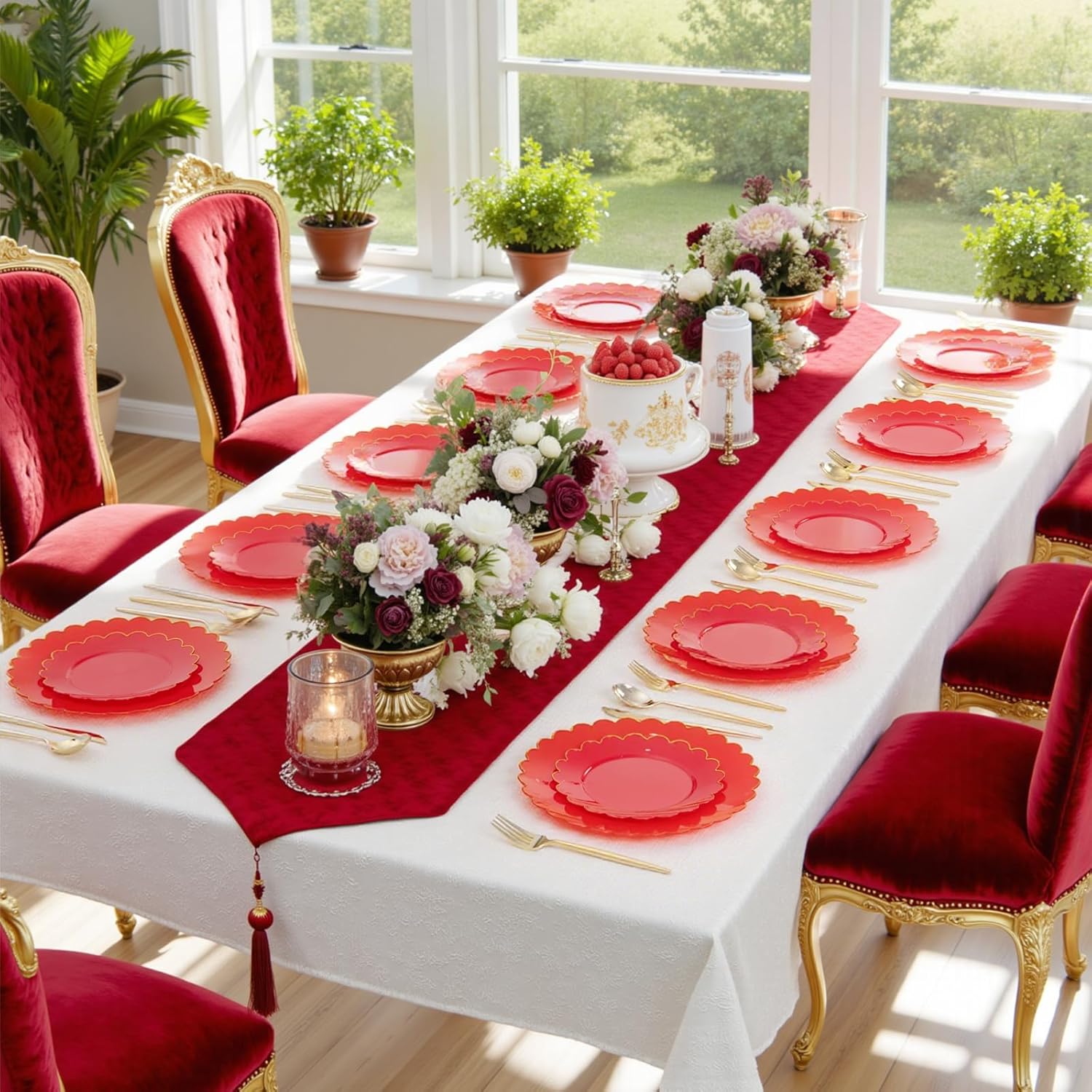 Supernal 100pcs Red Plastic Plates,Fancy Disposable Plates Heavy Duty,Red and Gold Party Supplies Including 10.25’’ Dinner & 7.5’’ Dessert Plastic Plate,Elegant Disposable Plate Suit for Party,Wedding