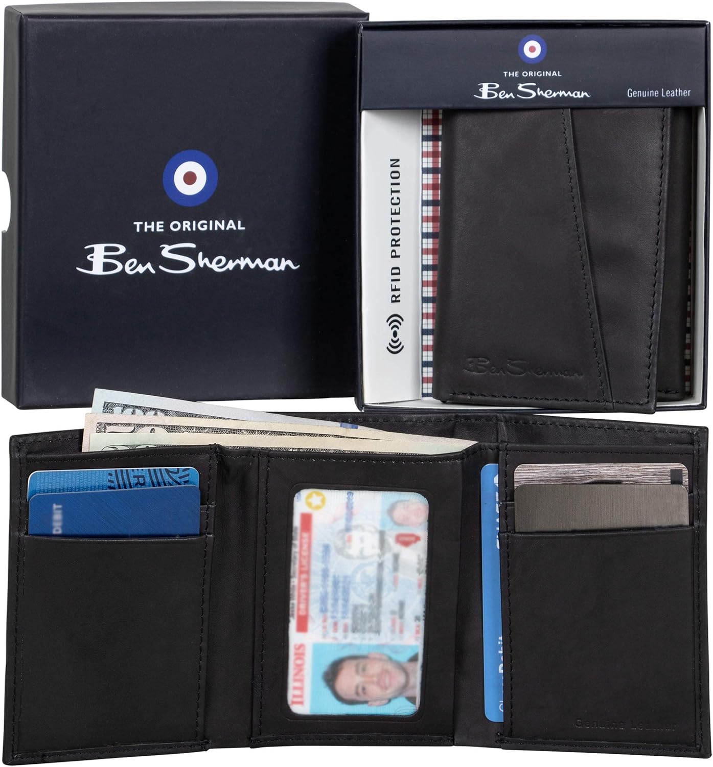 Ben Sherman Men's Manchester Bifold Slim Wallet Full-Grain Leather RFID Minimalist Gift Box