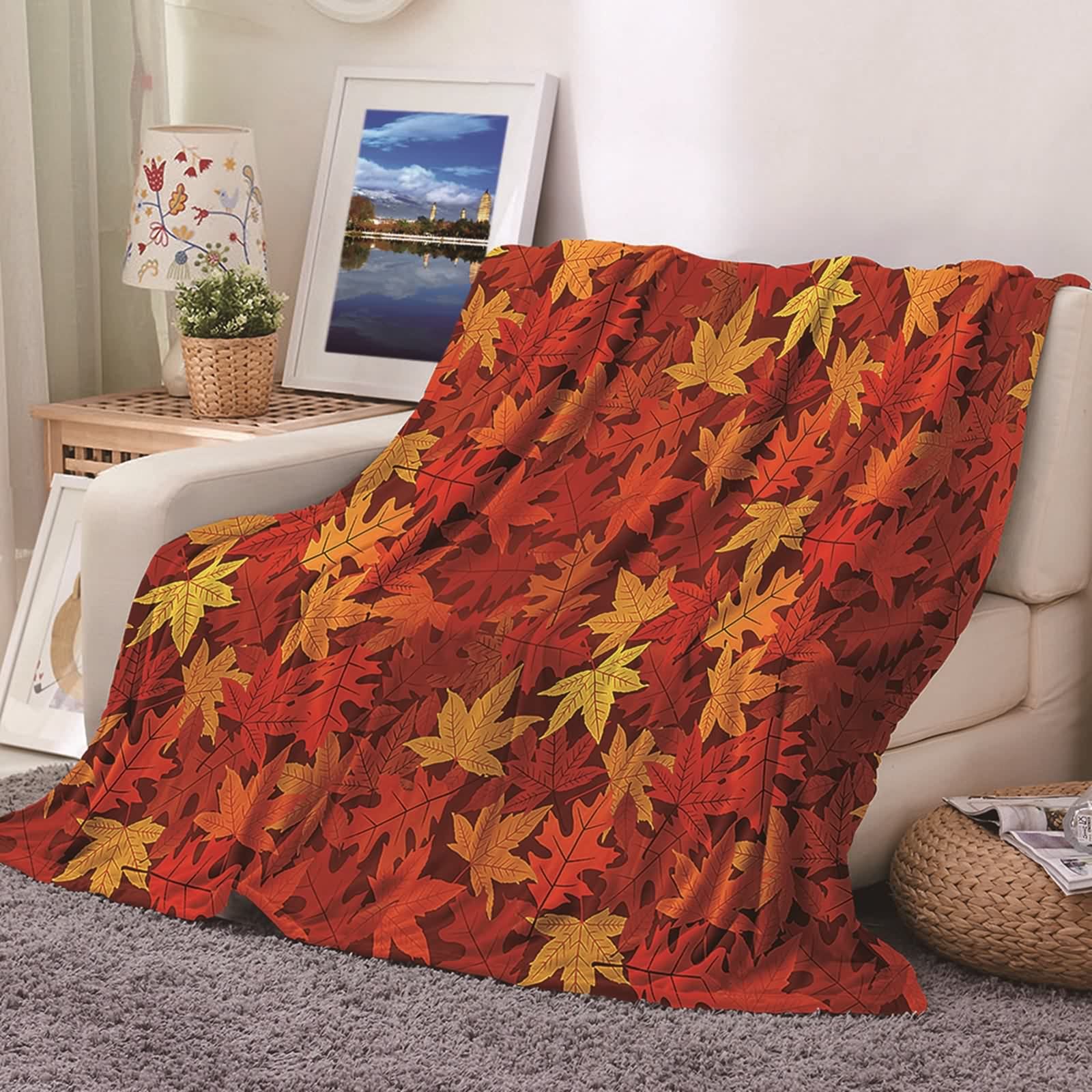Couverture polaire flannel plaid lit jeté canapé motif feuilles KnSam
