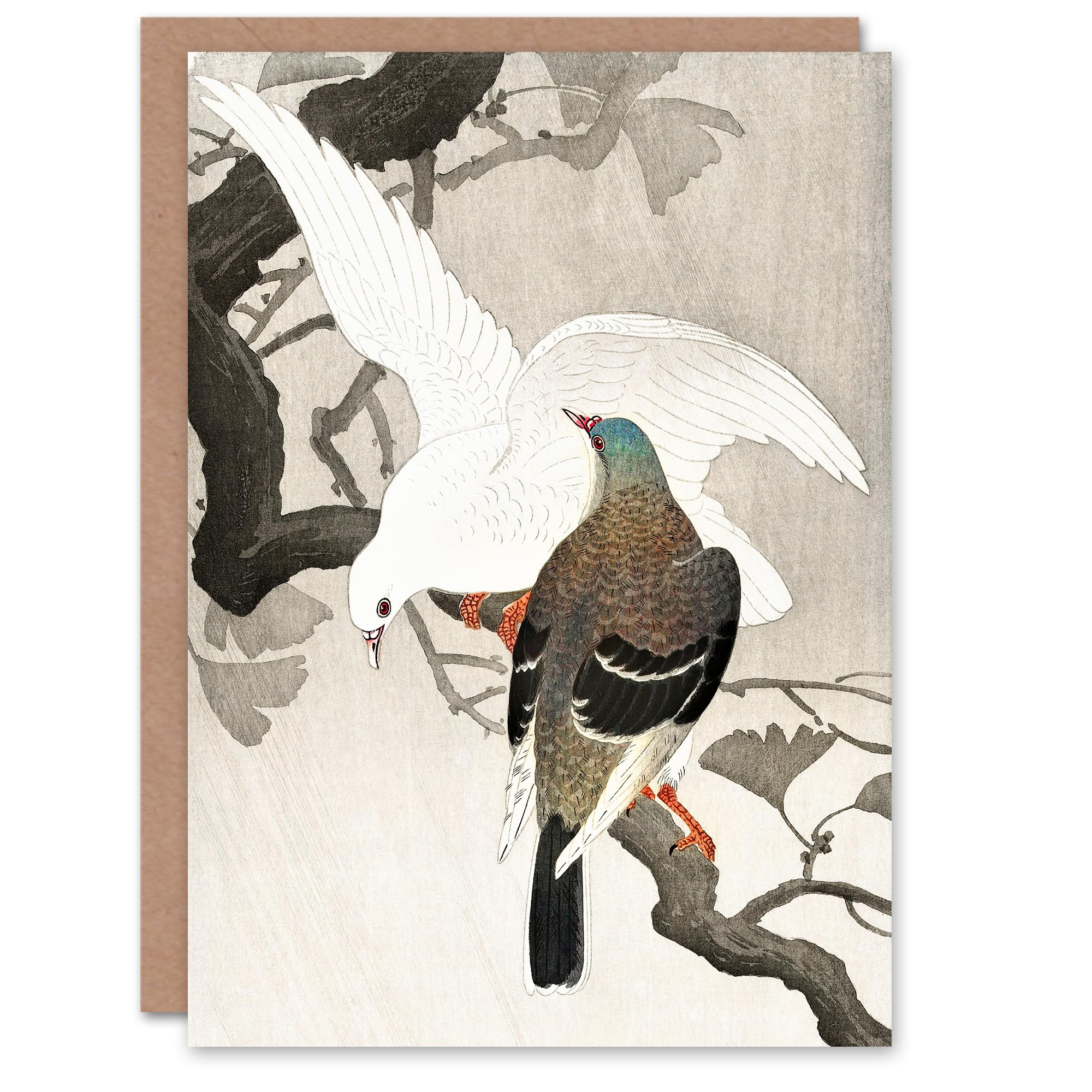 Artery8 Greeting Card - Two Pigeons On A Ginkgo Tree Branch - Grey