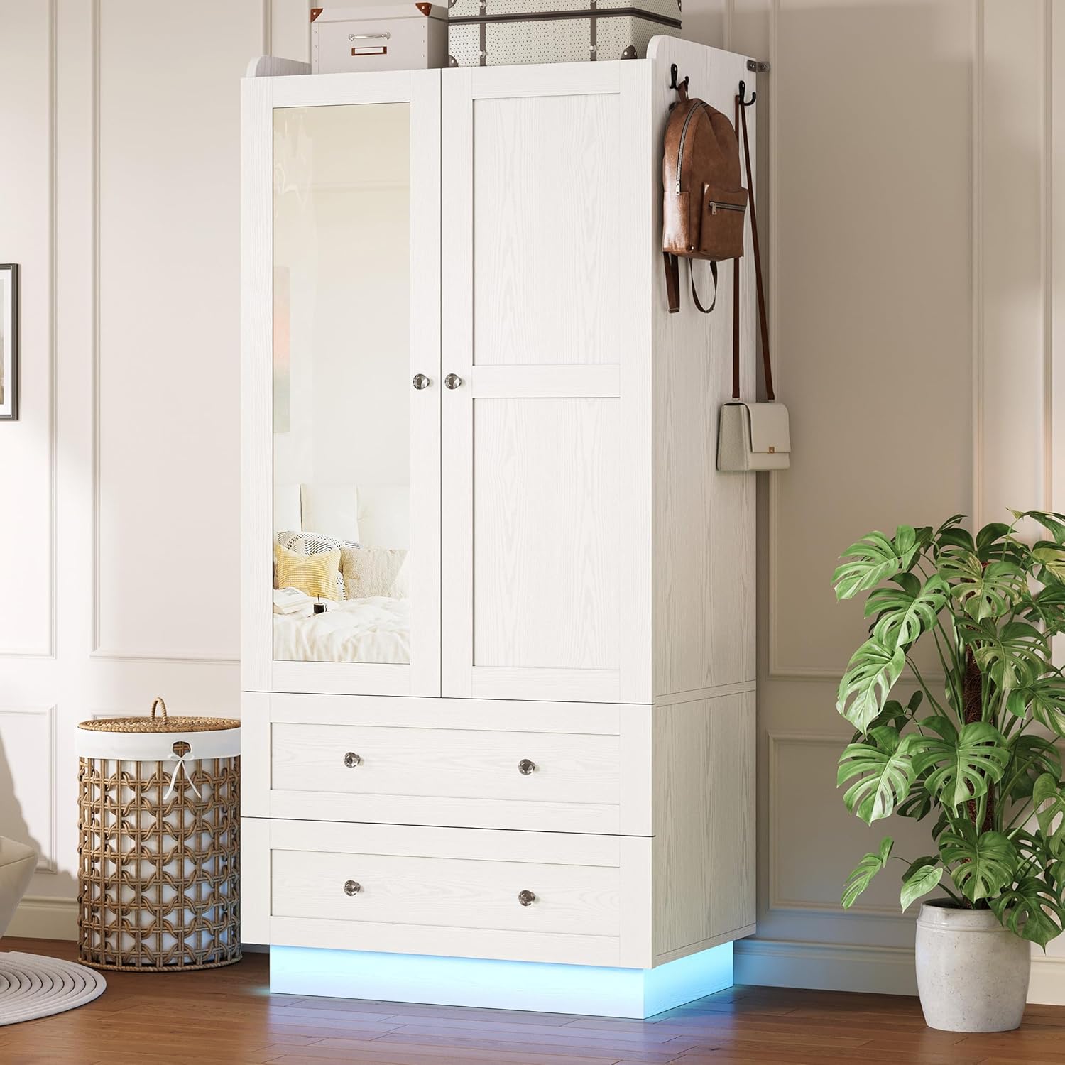White wardrobe with LED light mirror drawers hanging rod