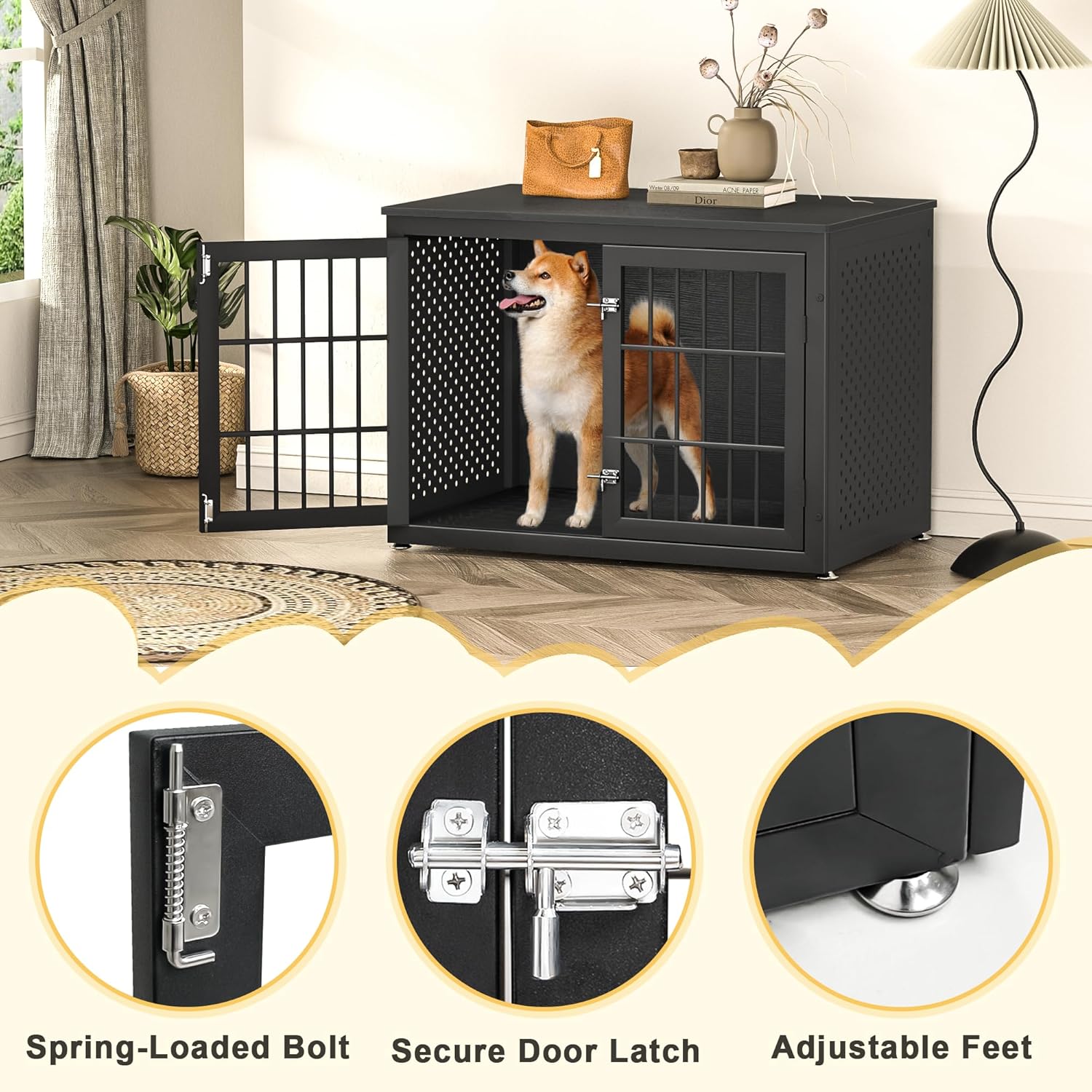 rehomerance 38" Heavy Duty Dog Crate Furniture for Large and Medium Dogs,Wooden Metal Kennel for High Anxiety Dogs, Chew Proof Pet Cage Indoor, Decorative Dog Kennel End Table