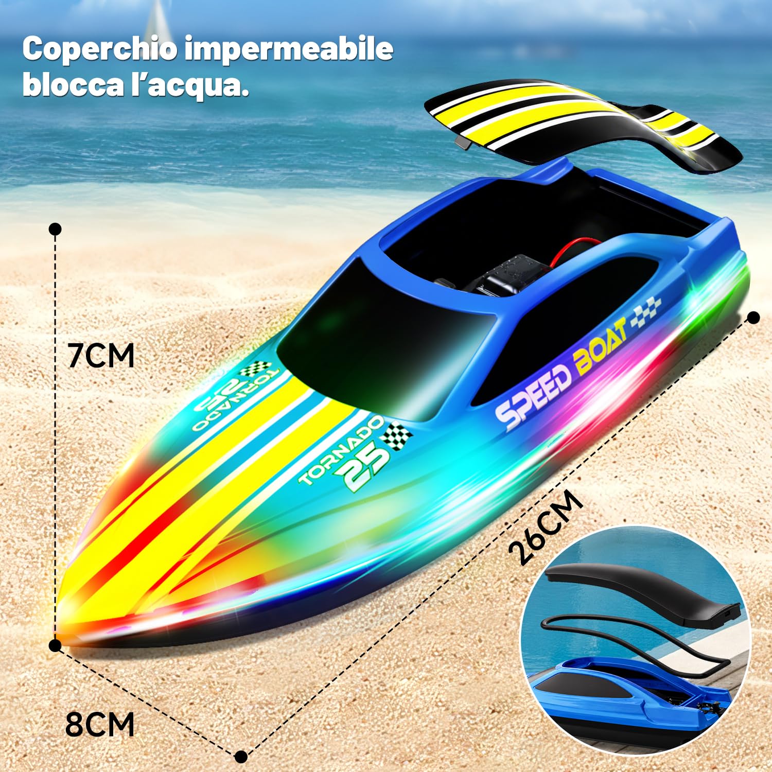 Barca Telecomandata per Bambini, 2.4GHz RC Boat con 7 Luci LED | Max 15km/h, doppia batteria 240min, anti-ribaltamento, raggio 80m, Per piscina e laghi (no salata), Regalo per bambini