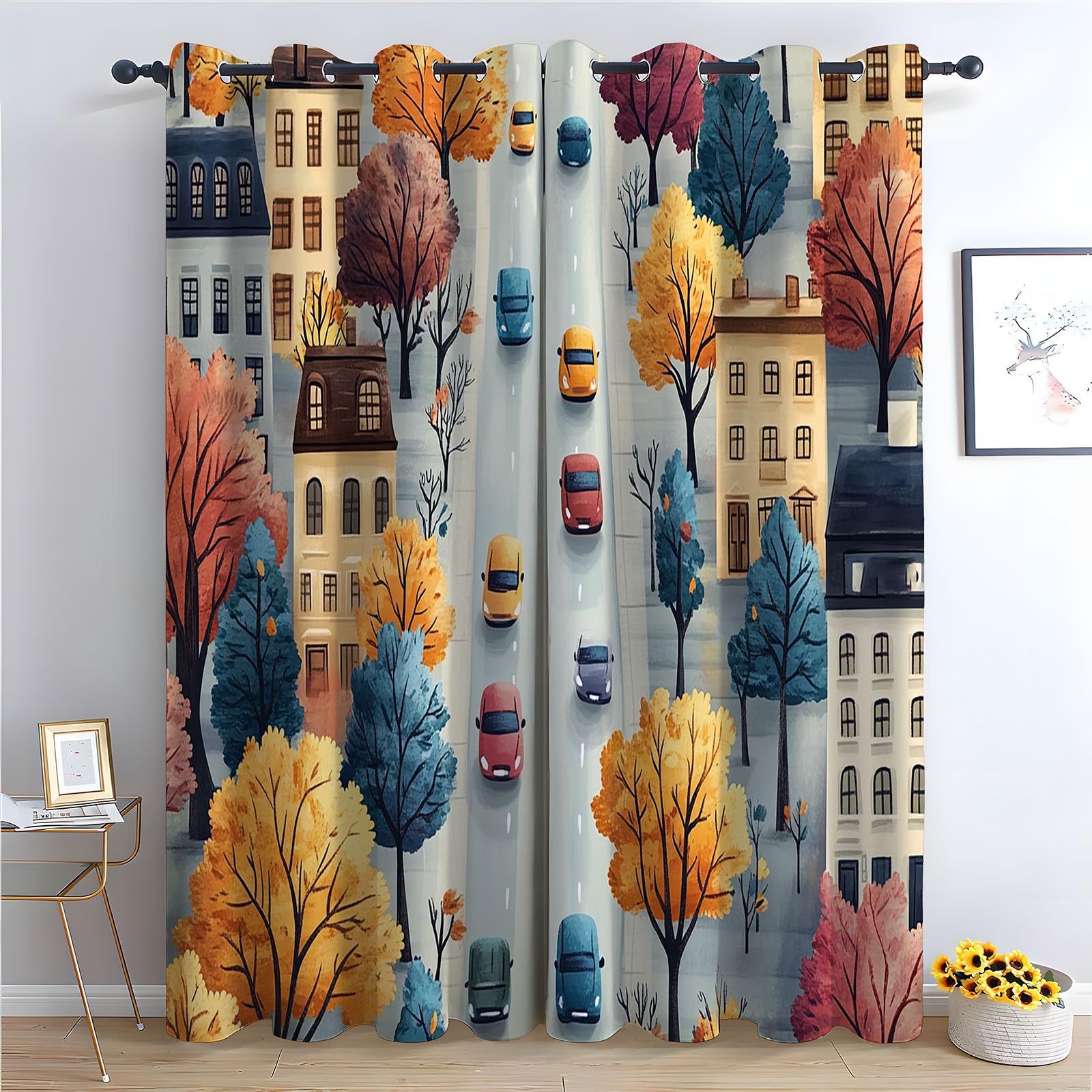 JOSUE Cortinas Opacas Dibujos Animados de Animales Albero colorato camera da letto, drappeggio con occhielli argentati, beige/verde-A230 x L160 cm (2 Pannelli)