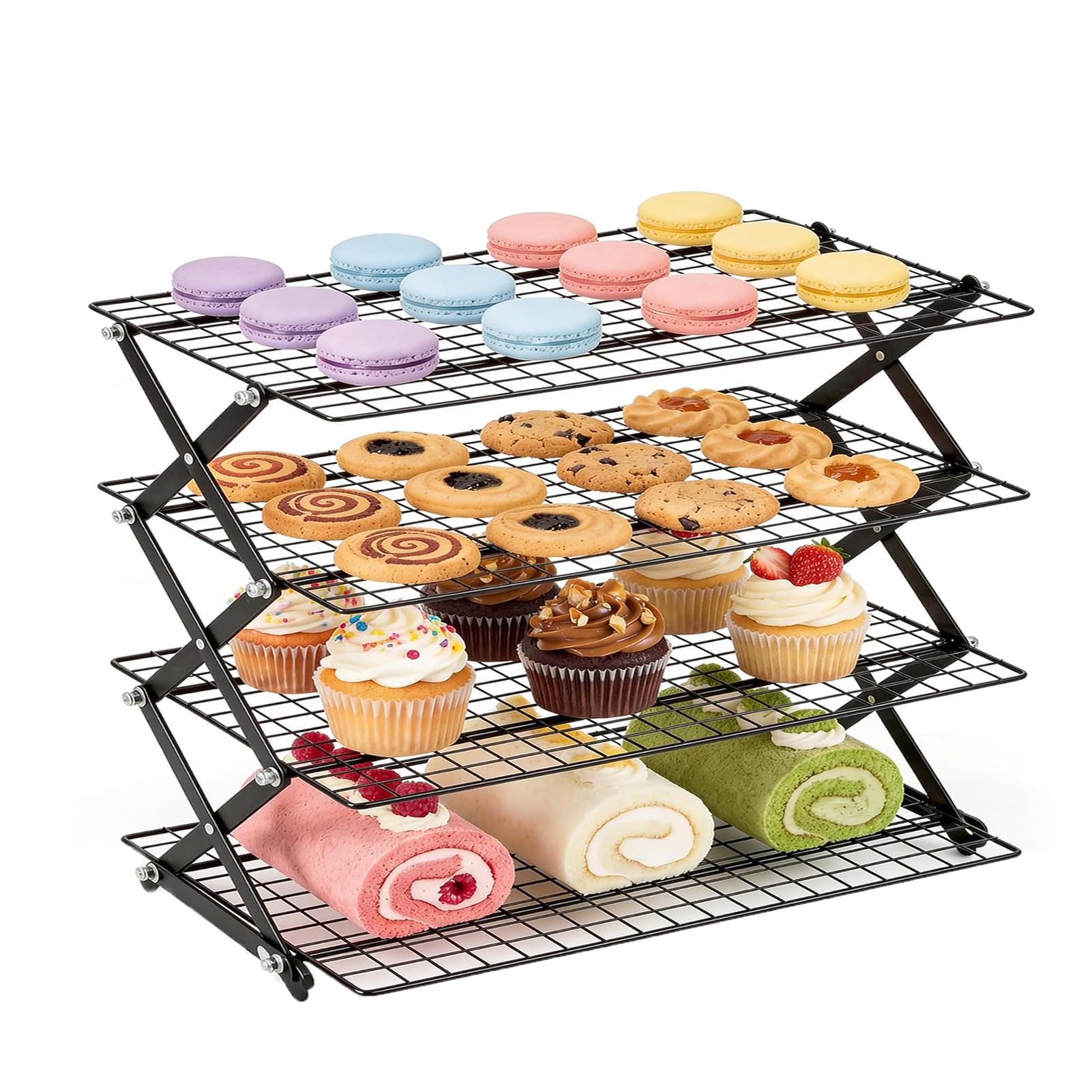 JOUFNING 4-Tier Collapsible Cooling Rack, Stainless Steel Adjustable Stackable Wire Cookie Cooling Rack for Baking, Cookies, Cake, Roasting, Grilling, Drying