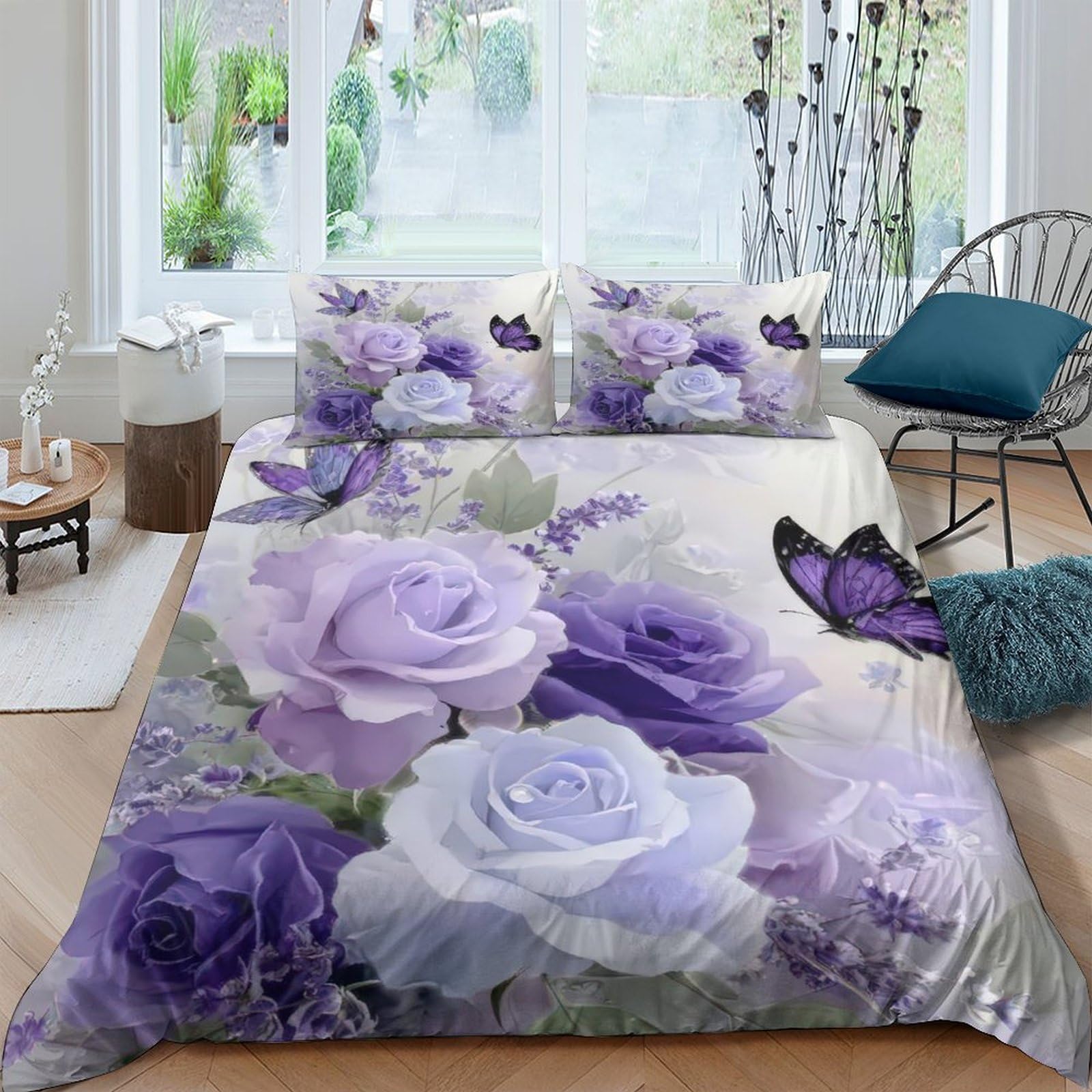 GPLZQXKJNH 3D Printed Lavender Rose Duvet Cover Set Microfiber Soft Floral Butterfly Bedding Set with 2 Pillowcases for Bedroom Decor Single（135x200cm）