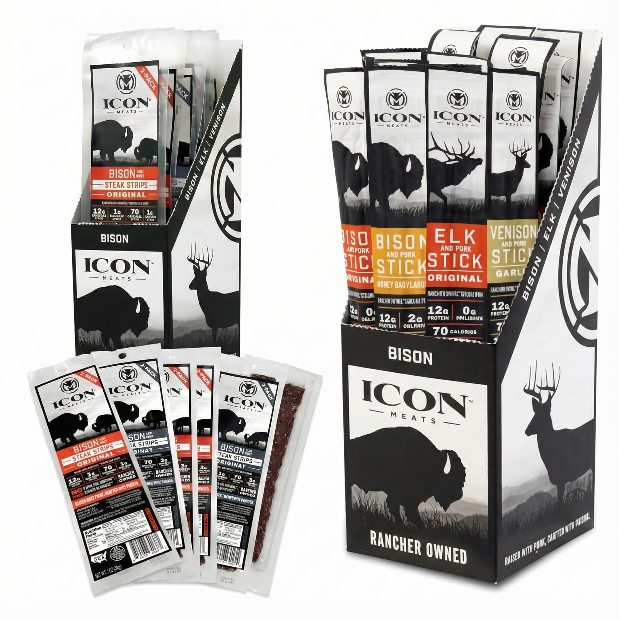 - ICON Meats Snack Stick & Steak Strip Sampler Bundle, 24-Pack Meat Sticks Variety plus 8-Pack Jerky Strips (2 per pack), Bison Elk Venison Beef Pork, Gluten Free, High Protein Snacks, Made in USA