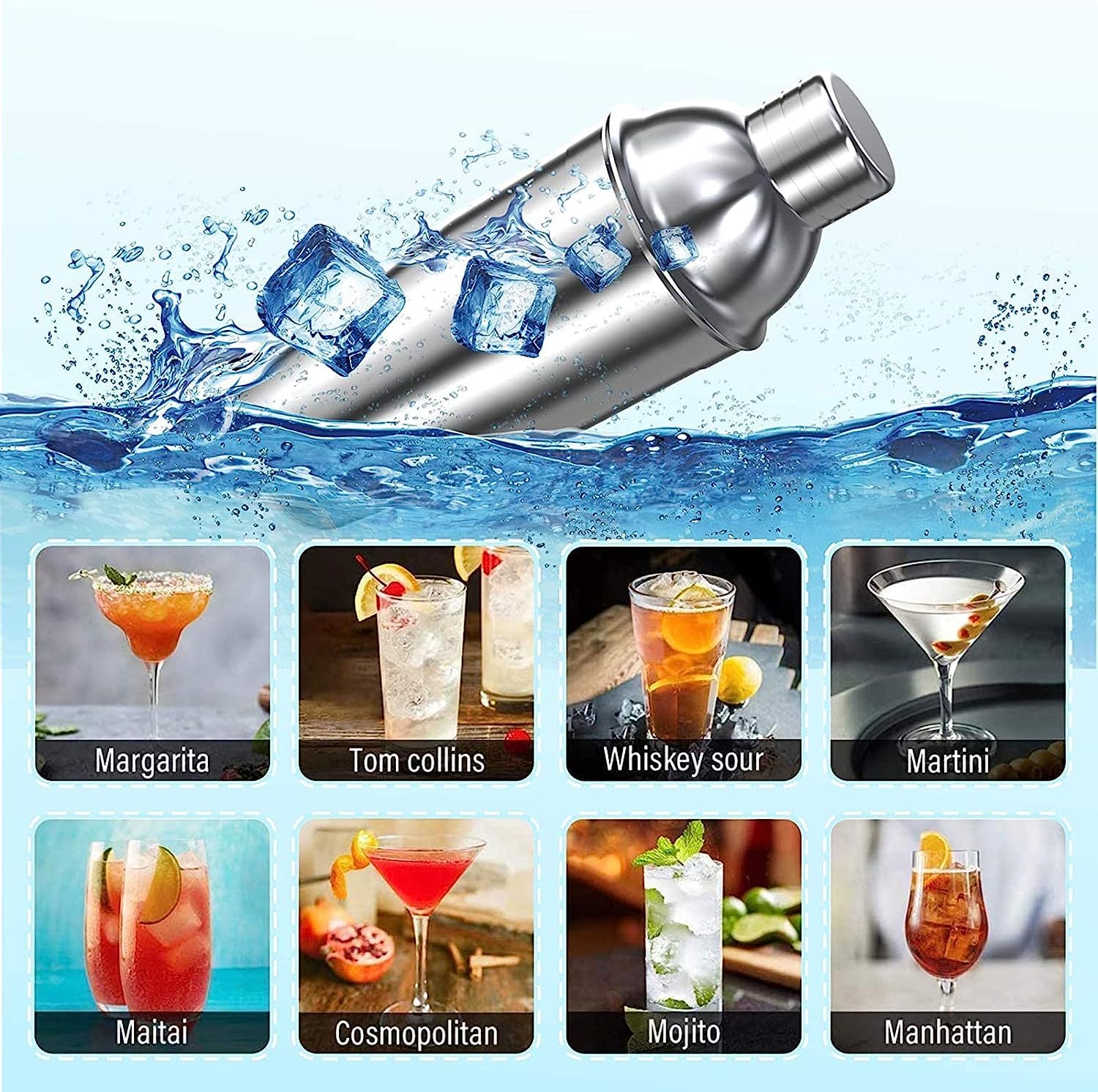 Shaker Cócteles Coctelera De 10 Piezas con Soporte Acrílico Juego Herramientas Barra Acero Inoxidable Kit Coctelería Bar Set(Blue,Silver)