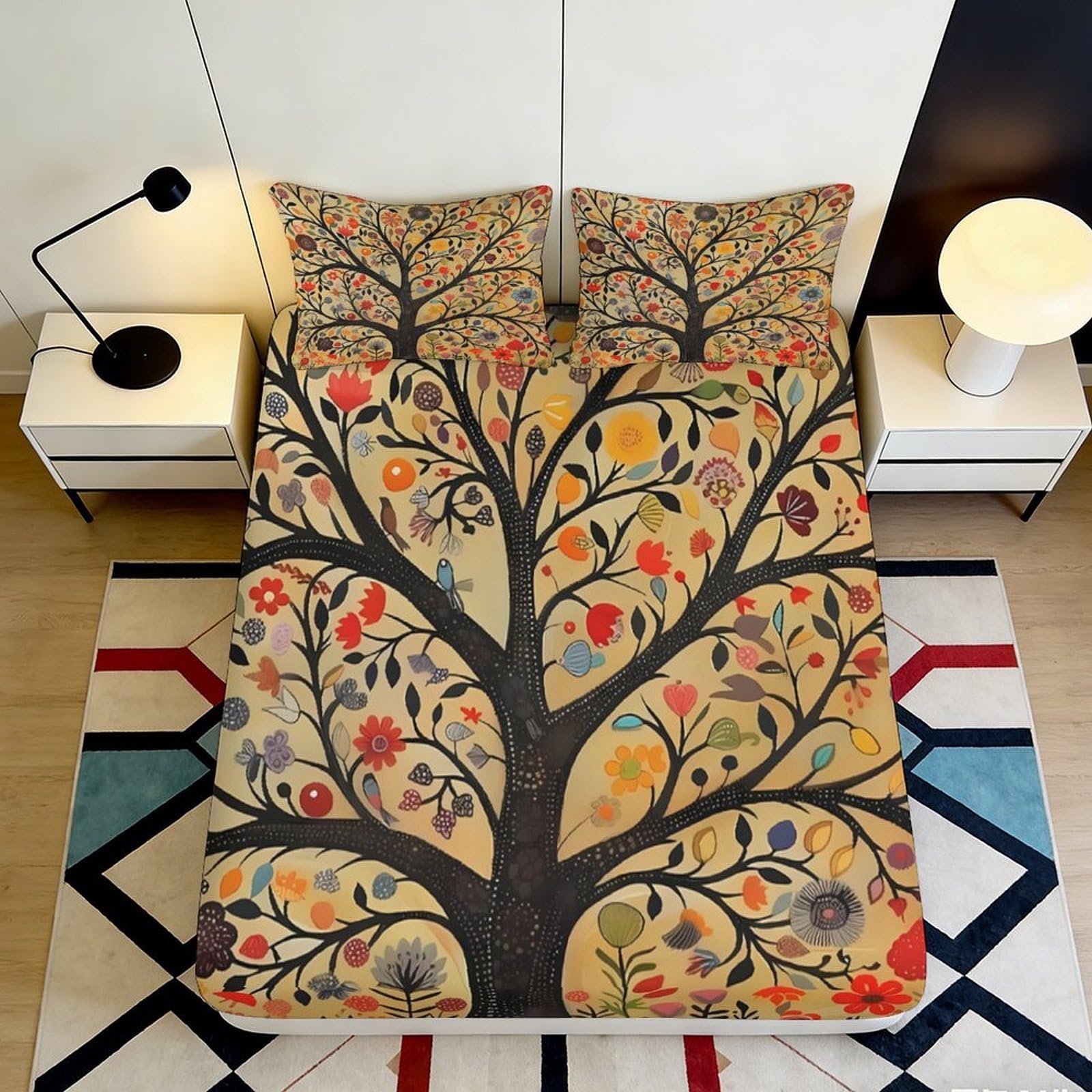 3D Printed Autumn Tree Fitted Sheet Microfiber Floral Bed Cover for Bedroom Guestroom Dustproof Easy Care Decor 90x200x25cm