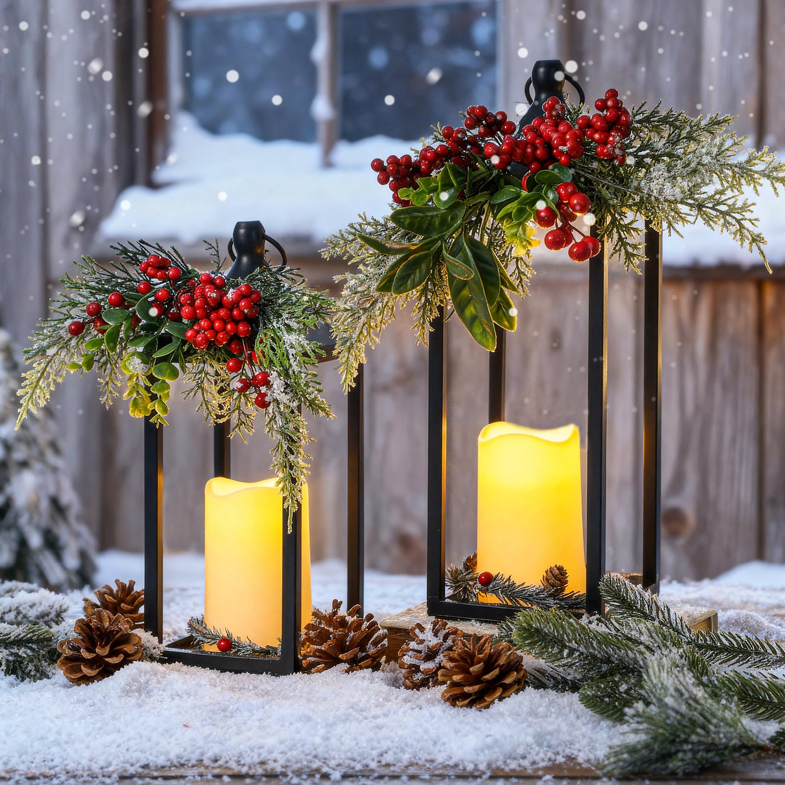 2 lanterne natalizie nere in metallo con candela senza fiamma da 30,5 cm e 38 cm, bacche rosse, moderne candele LED tremolanti per soggiorno, casa, interni, esterni, tavolo, caminetto