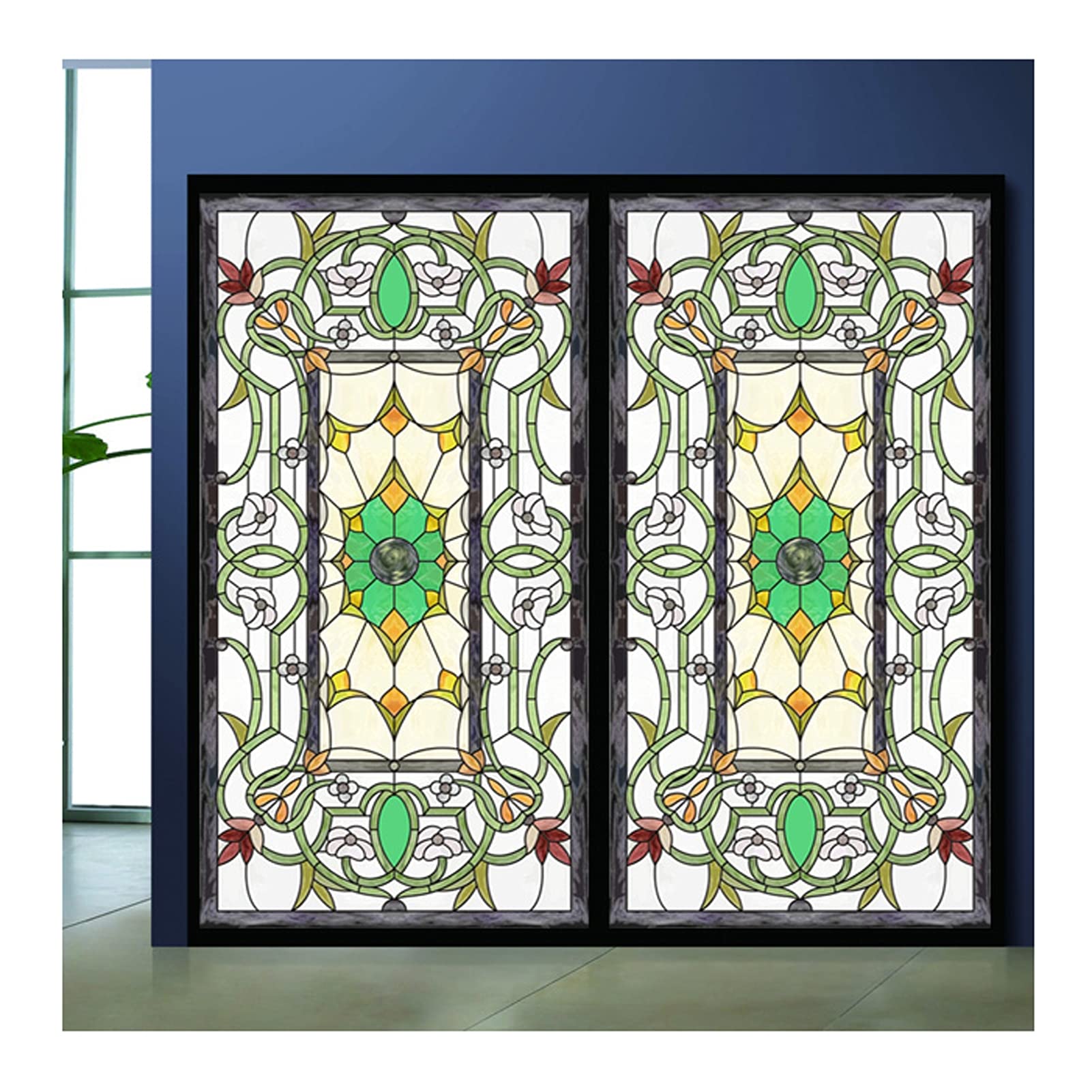 Siunwdiy #03 Stained Glass Window Stickers,Church Style Privacy Windows Film,Static Cling Decorative Frosted Window Films Uv Blocking Muted Colors Window Coverings,,45X90cm(18"X36")