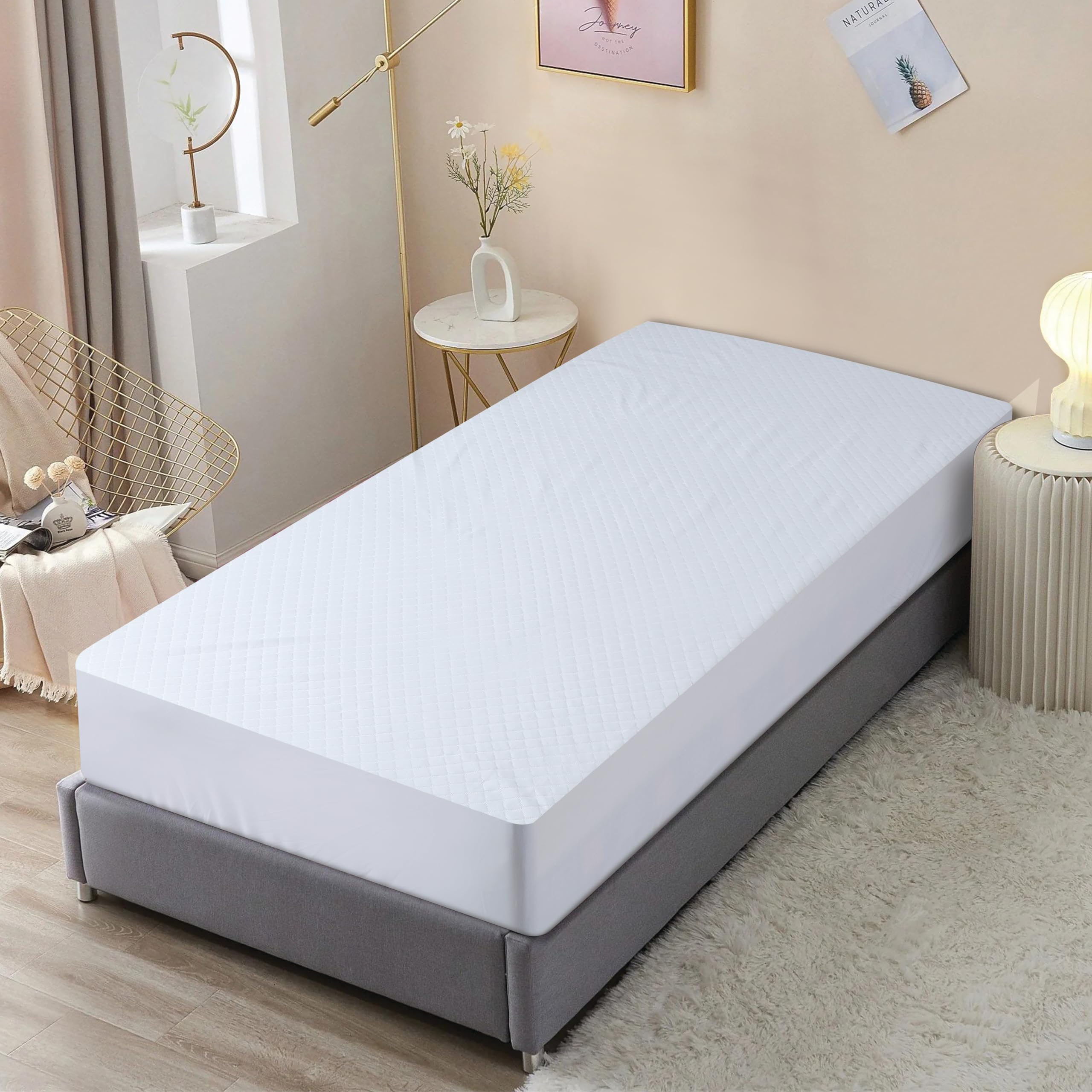 Memoir Diamond Shield | Knitted Spun Fabric | 100% Waterproof | Breathable| Deep Skirting Mattress Protector/Cover | Colour White | Size 72x78 Inch | Machine Washable| Soft and Comfortable-image-1