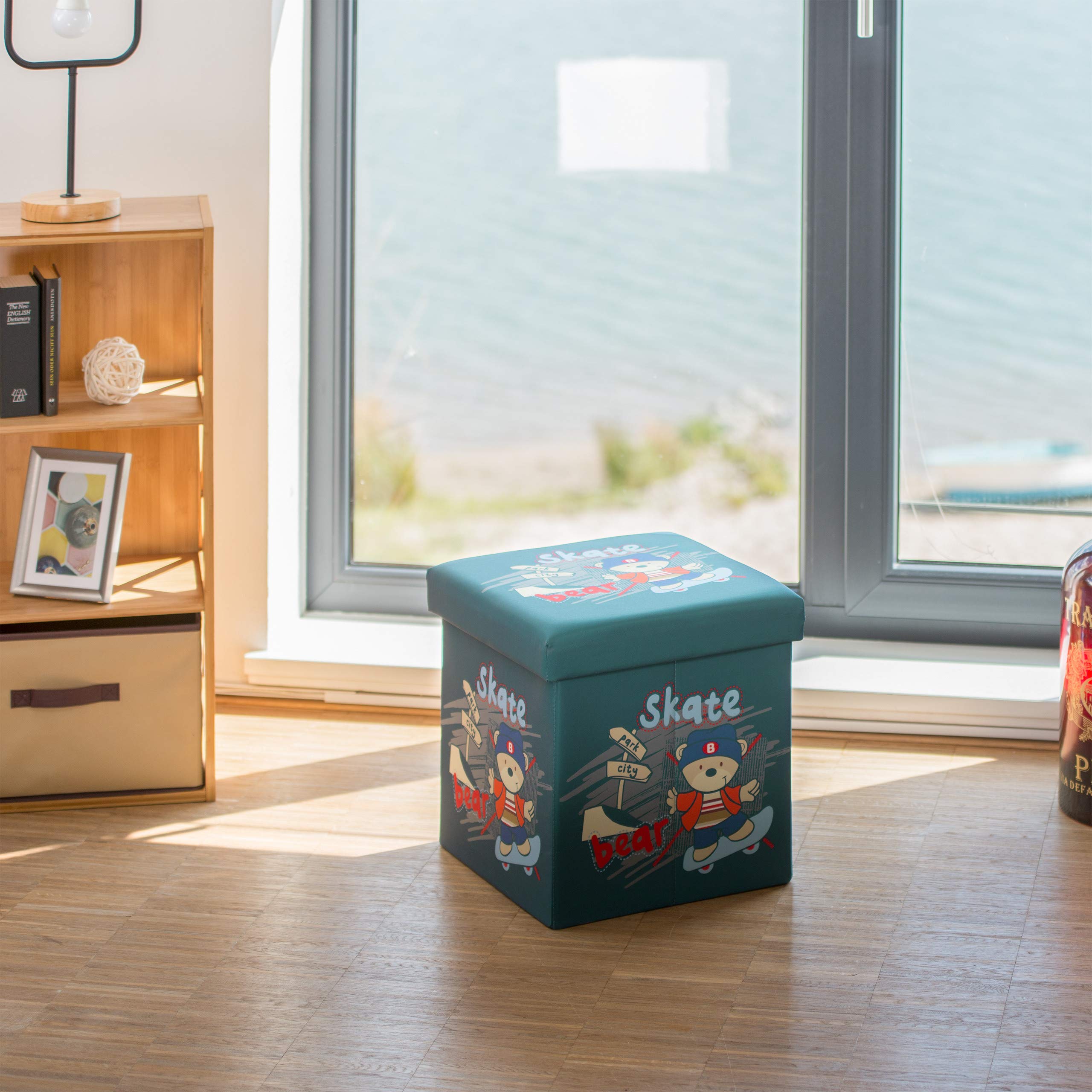 Relaxdays Sgabello pieghevole bambini, cesta porta-giochi, pouf contenitore, scatola con coperchio, HxLxP 38x38x38 cm, orso