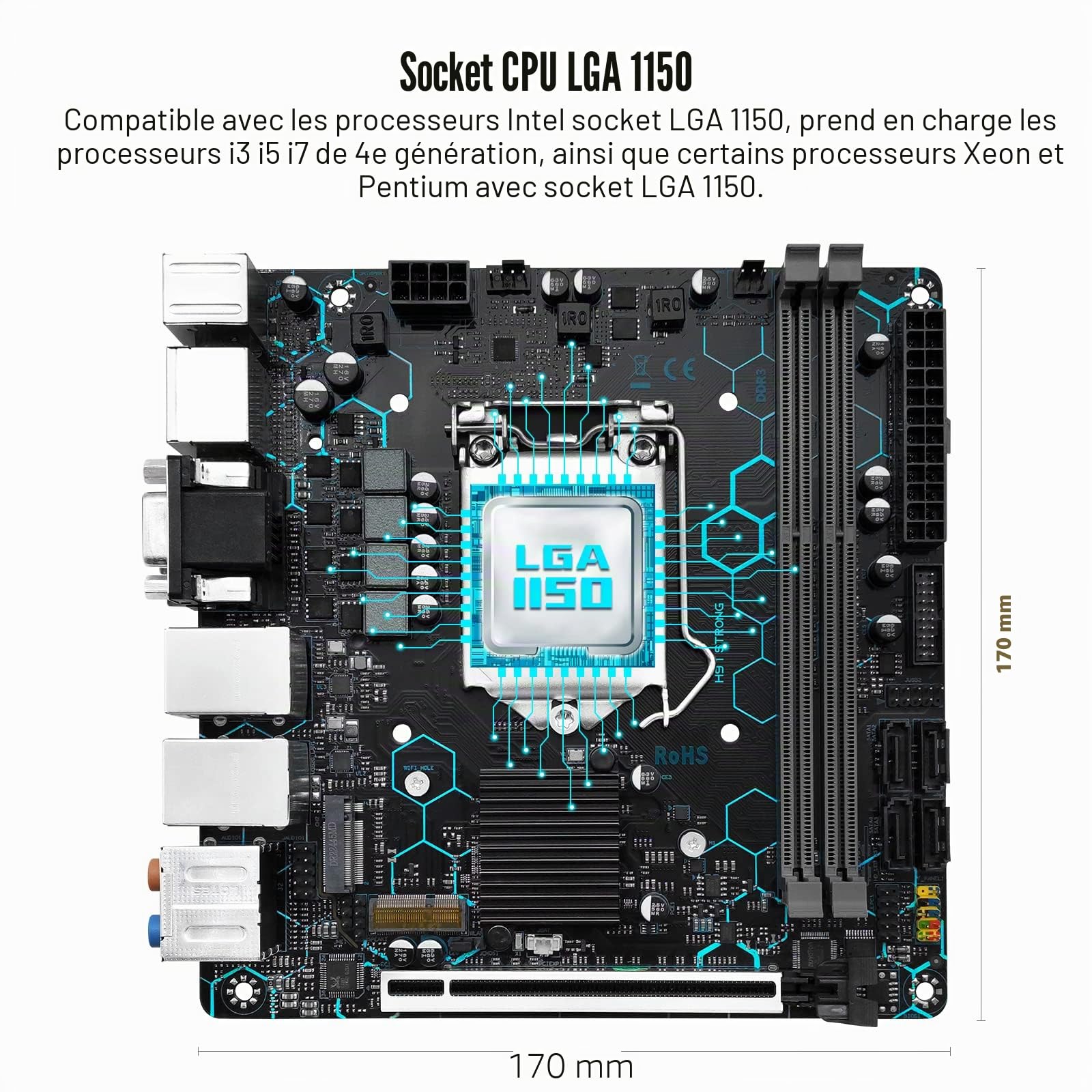 SHANGZHAOYUAN H97 Carte mère LGA 1150 pour processeur Intel 4ème génération Core i7/i5/i3/E3 (Mini ITX, DDR3, PCIe 3.0, NVME M.2, SATA 6 Go/s, VGA/DVI/HDMI, WIFI M.2, Dual LAN)