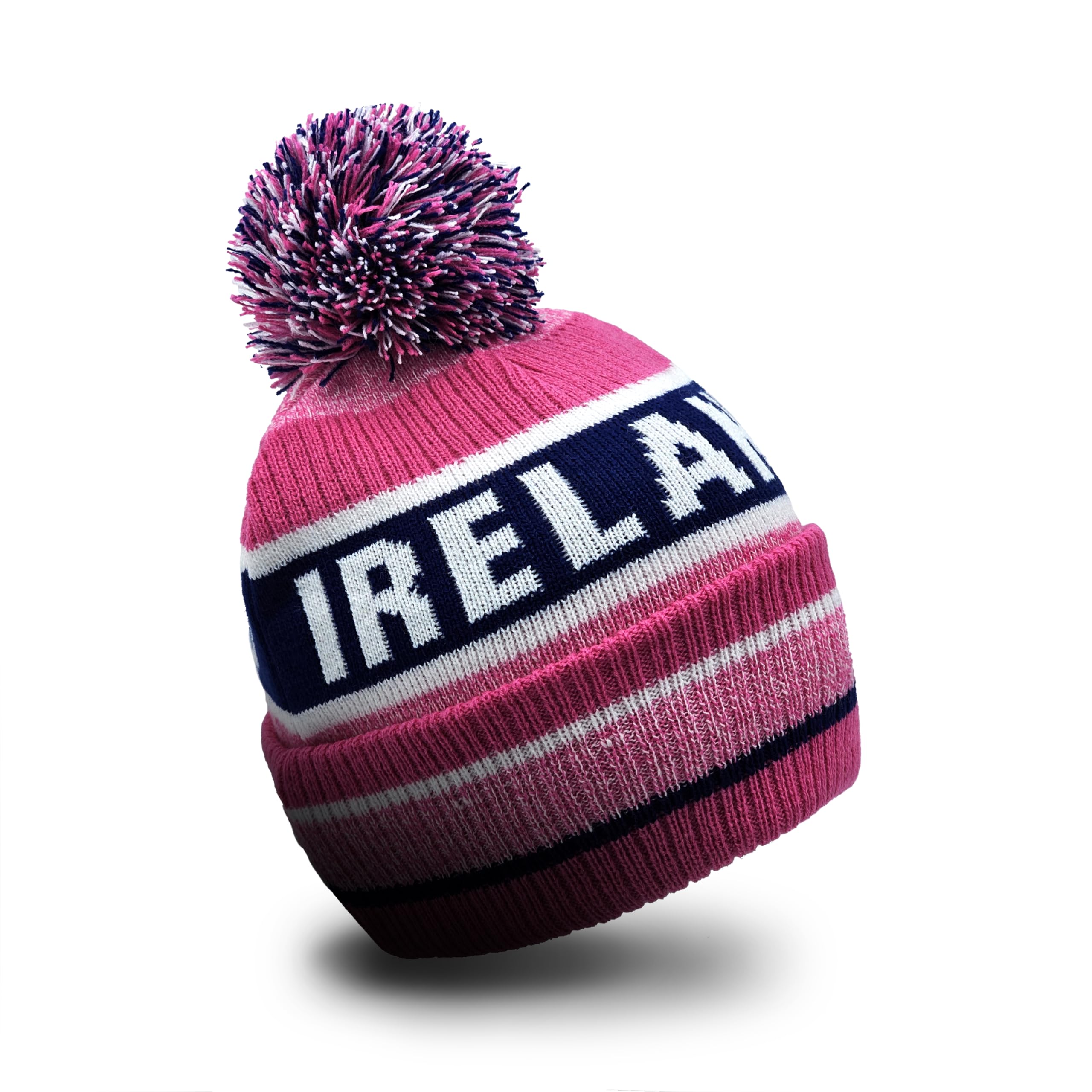 Strength & Honour Unisex Pink, Navy And White Ireland Beanie Hat - Pompom Acrylic Double Knitted Soft Touch Super Warm Adult Ladies Rugby Supporters Fans Ski Hat, Gift, Pink Version, Super Warm Soft Touch