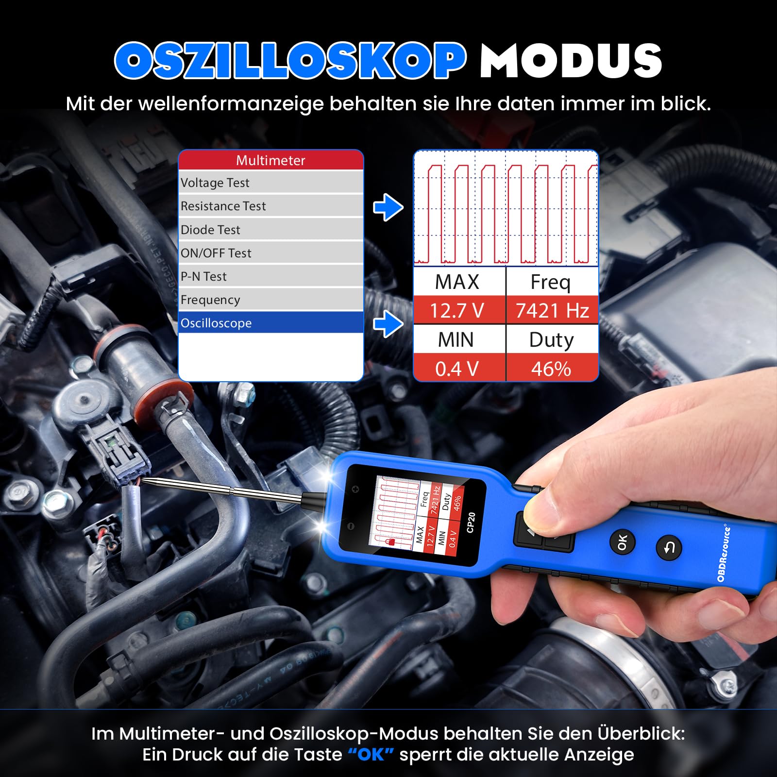 OBDResource Tester di tensione auto Circuit Tester, 6 V-24 V DC tester di tensione per auto con campione di corrente, schermo digitale per la prova della batteria dell'auto, continuità/messa a