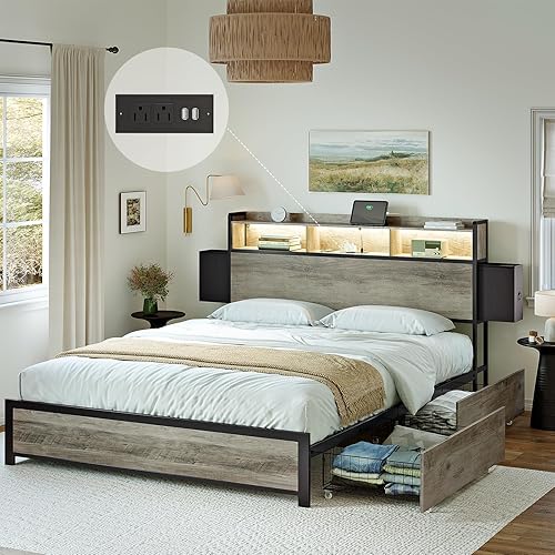 Full Bed Frame with Bookcase Headboard and 2 Drawers LED Lights Metal Platform Non-Slip without Noise Strong Metal Slats Support No Box Spring Needed(Greige, Full)