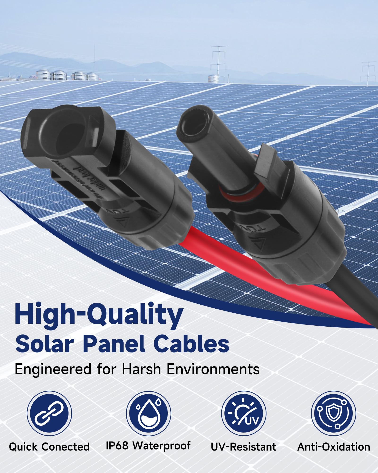 Kabel przedłużający solarny 9,1 m, kabel solarny 10 AWG z wodoodpornymi złączami, czerwony i czarny przewód PV 6 mm² do kampera, przyczepy kempingowej, przyczep i systemów fotowoltaicznych
