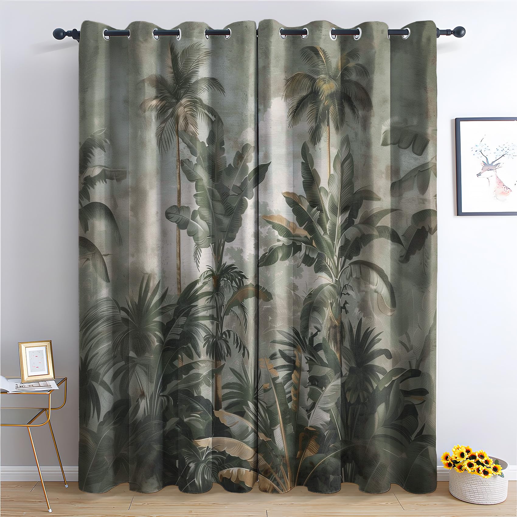 AncyloPryn Rustic Palm Tree Curtains for Bedroom Decor, 96 Inches Long, Vintage Tropical Forest Pattern Design Blackout Drapes, Rustic Palm Tree