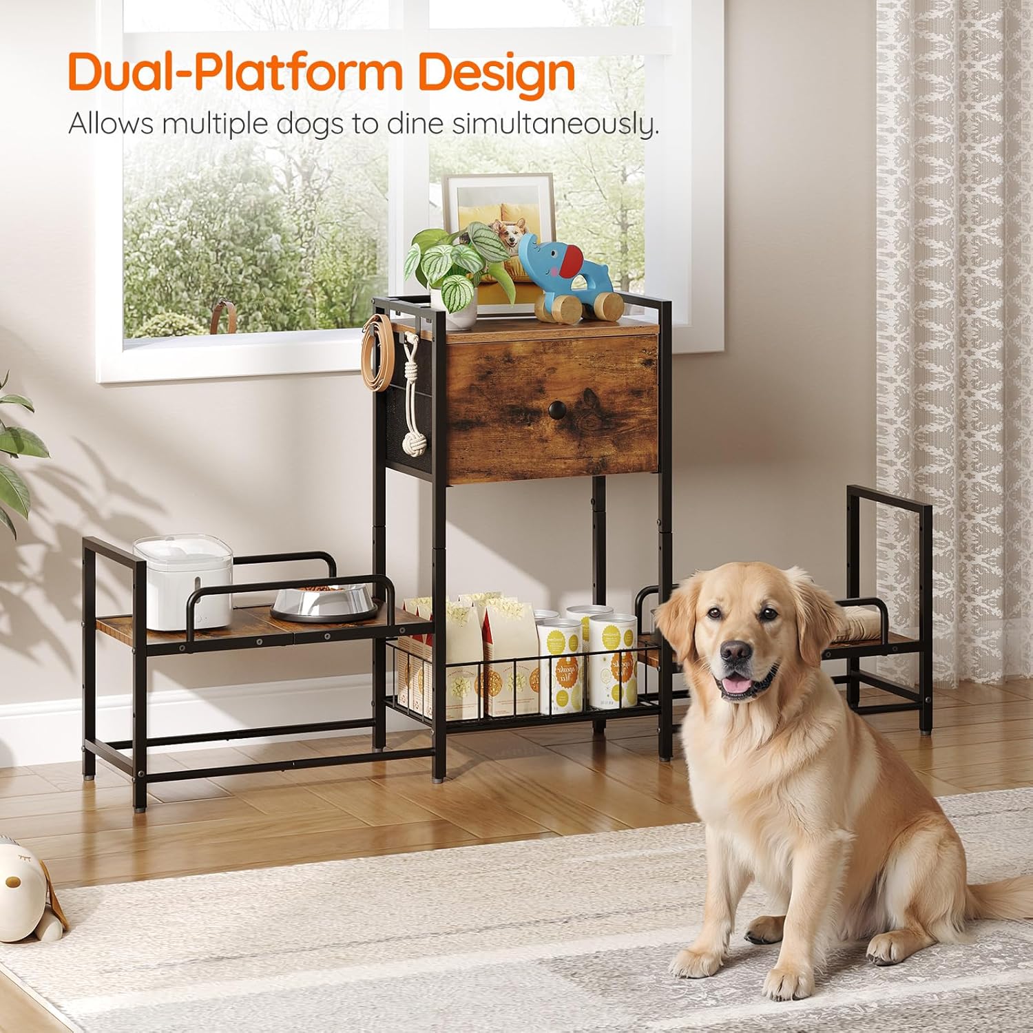 HOOBRO Raised Dog Bowl Stand with Storage, Lifted Feeding Station, Elevated Bowl Holder, 4 Adjustable Heights, for Large Medium Small Dogs, with 1 Drawer and 2 Hooks, Rustic Brown BF23PO03G1