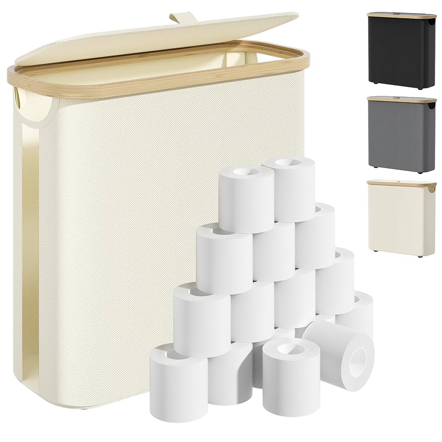 CARLA HOME Toilet Paper Storage Basket Holds Up To 12 Rolls With Bamboo Lid And Handle For RV Closet (White