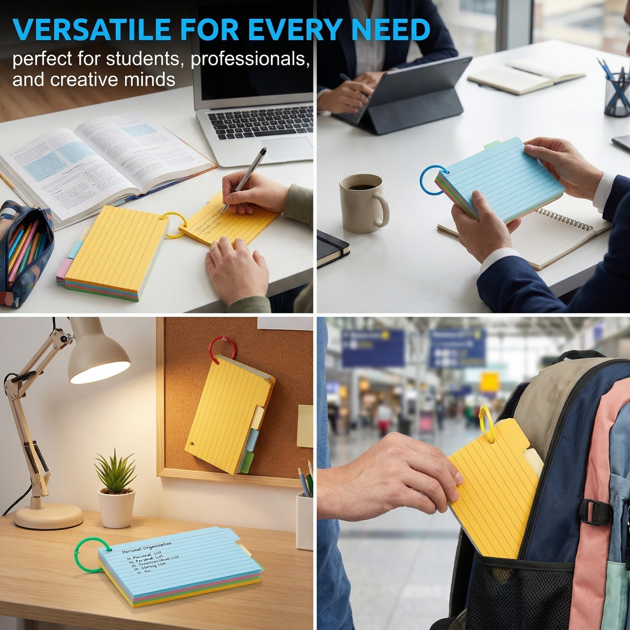 Blocs de Fiches Bristol de Révision 200 Pcs avec 10 Anneaux Colorés Flashcards Lignées pour Étude et Bureau