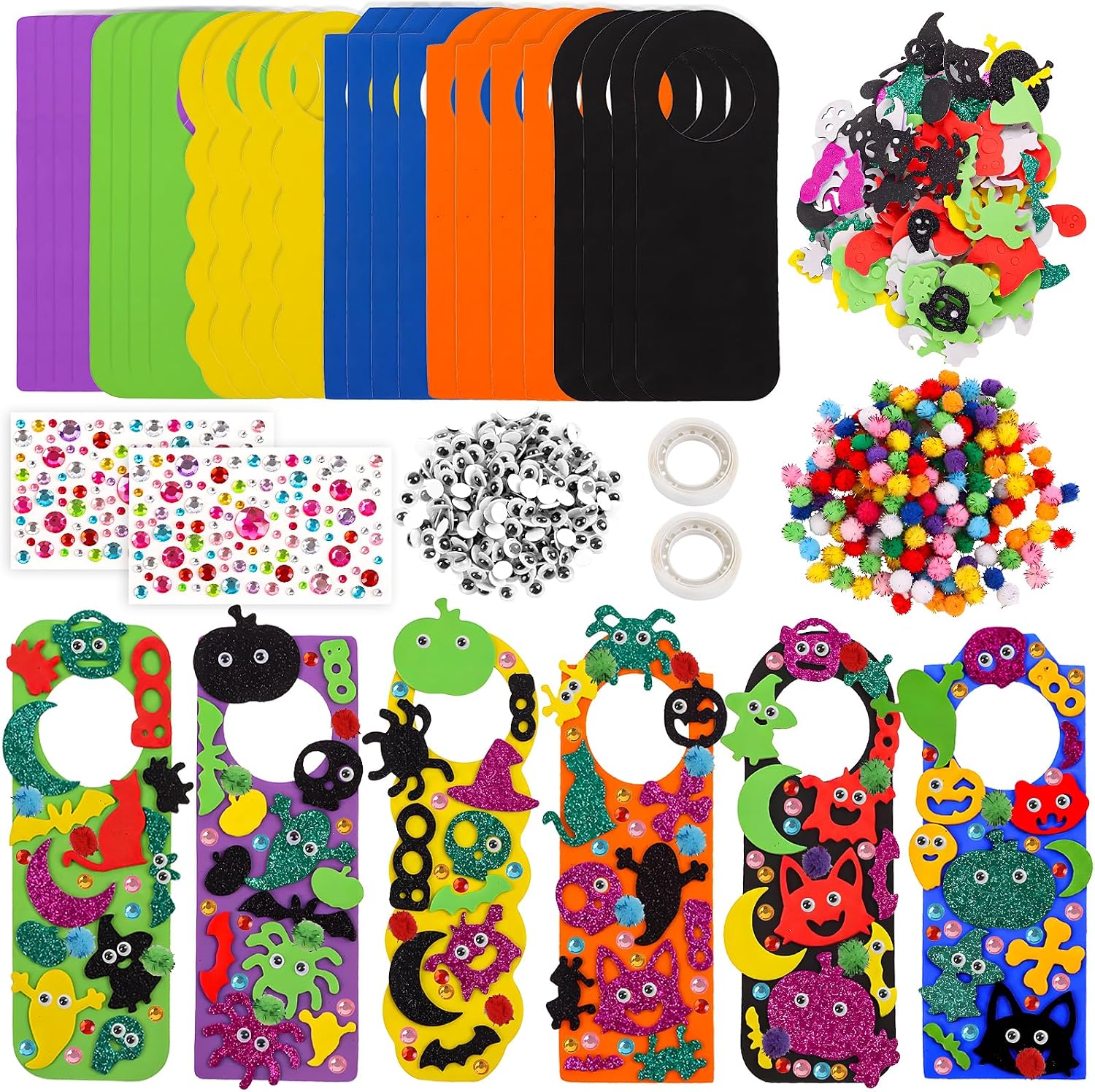 KIMOBER 24 Pcs Halloween EVA Foam Sticker Craft Kits in 6 Colors, Handmade Door Hanging Decorations with Designs for Kids Classroom Party, DIY Holiday Decor for Boys and Girls