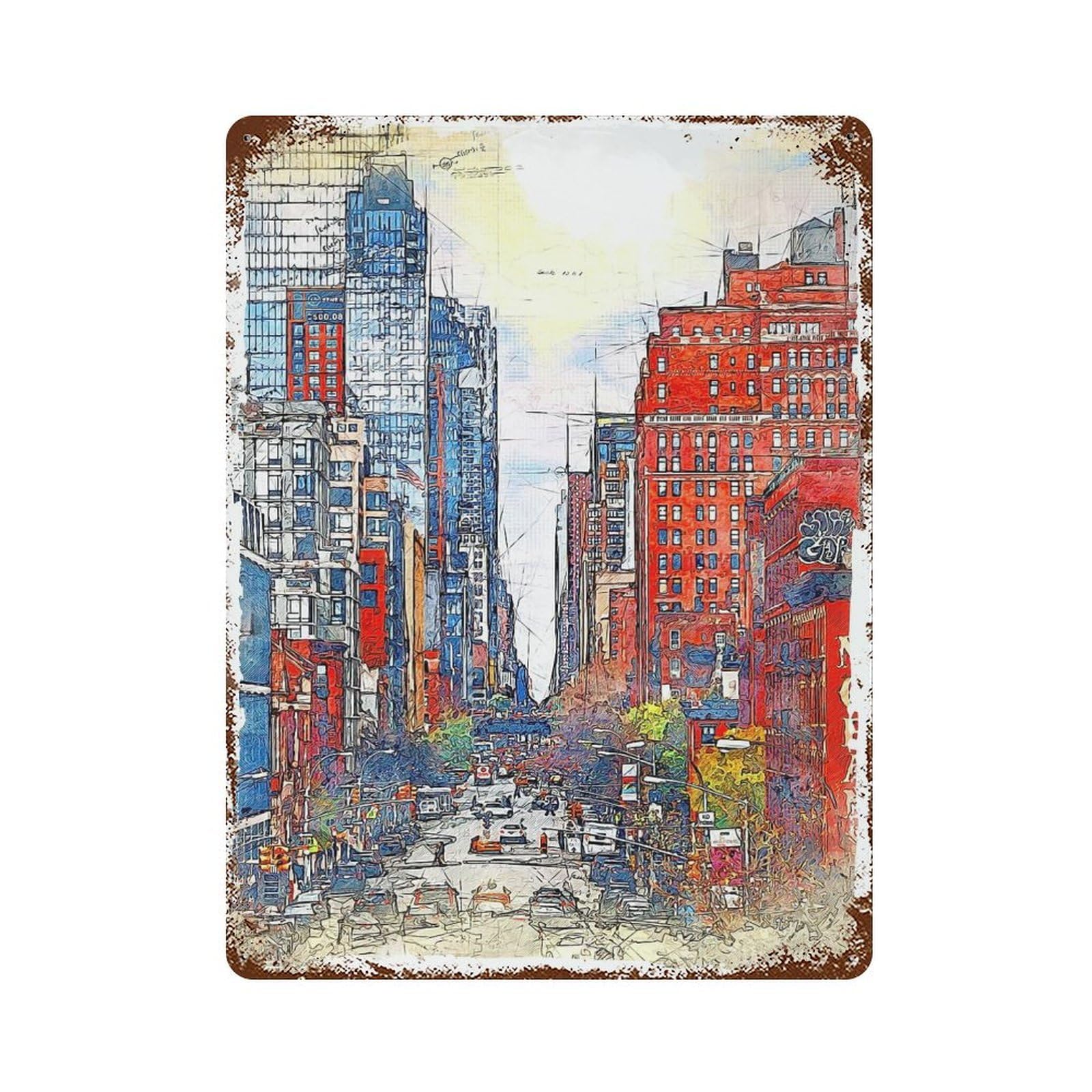Garage Style City Never Sleeps Rust Effect Tin Sign 15.7"x11.8", Farmhouse Wall Decor for Bar And Workshop
