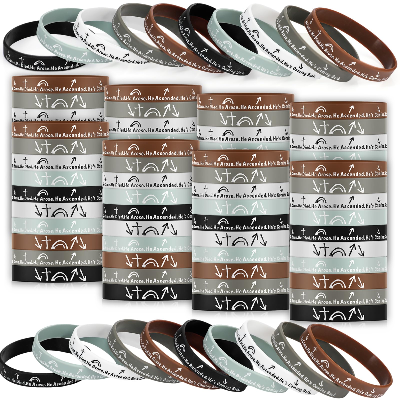 ShinyRelief 100 Pcs Christian Religious Silicone Bracelet Easter Bracelet He Came Died Arose Ascended Coming Back Wristbands Witness Gospel Message Jesus Wristbands Easter Gifts for Women Men