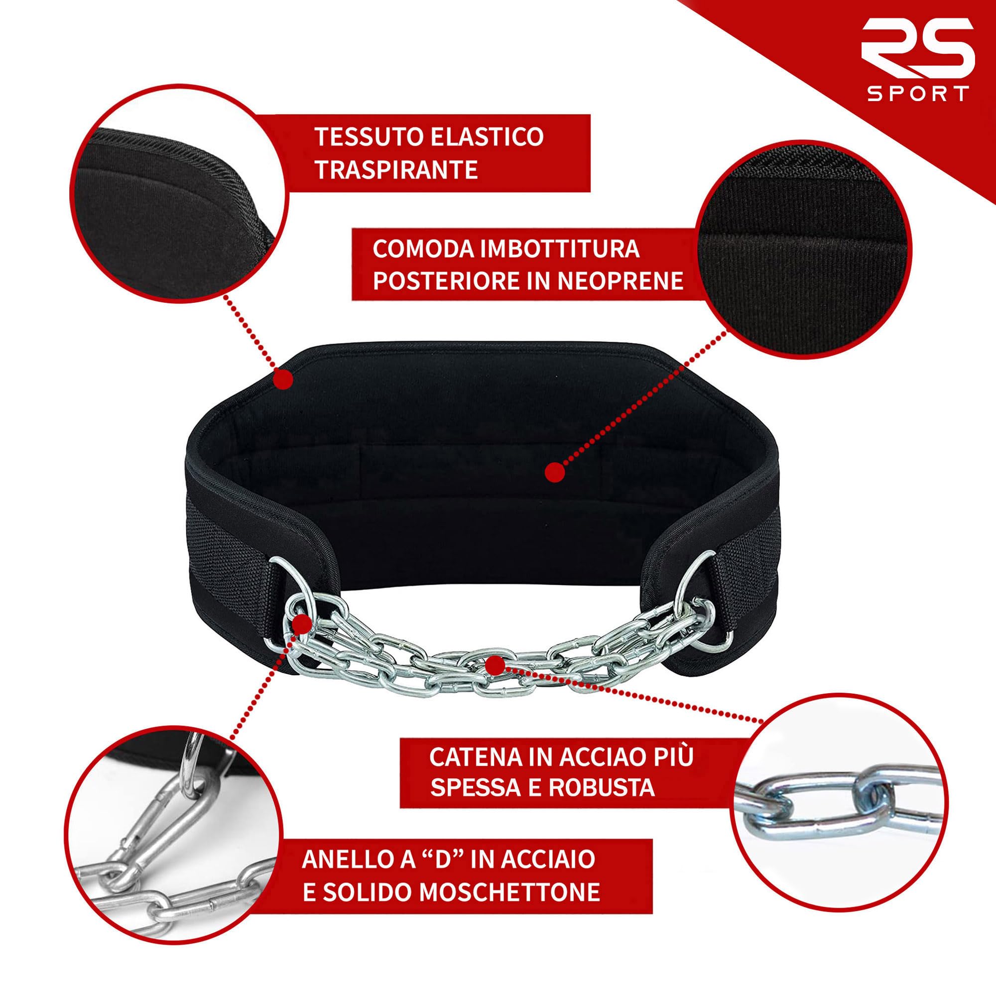 RS SPORT Cintura Zavorra per Dip e Trazioni, Sollevamento Pesi, Neoprene, Supporto Lombare con Catena, Calisthenics, Crossfit, Palestra, Fitness, Gym, Allenamento Powerlifting, Uomo Donna