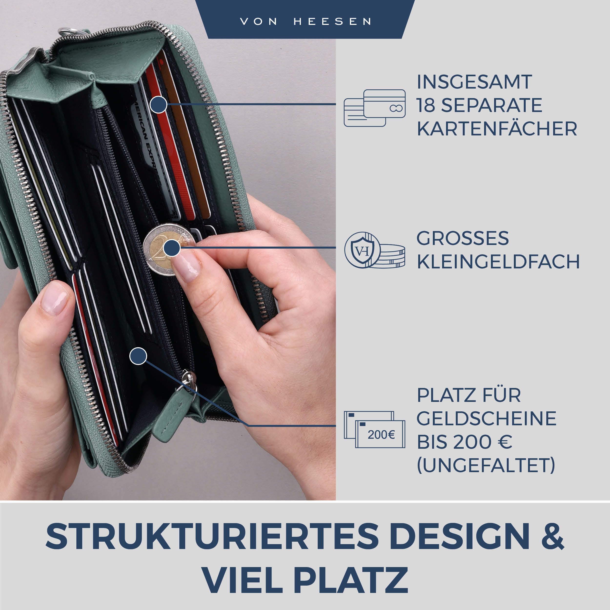 VON HEESEN Leder Handy-Geldbörse mit RFID-Schutz - Handytasche mit Portemonnaie für Damen & Herren aus echtem Leder - Wallet mit Münzfach - Geldbeutel für Frauen und Männer in Türkis (Silver Pine)