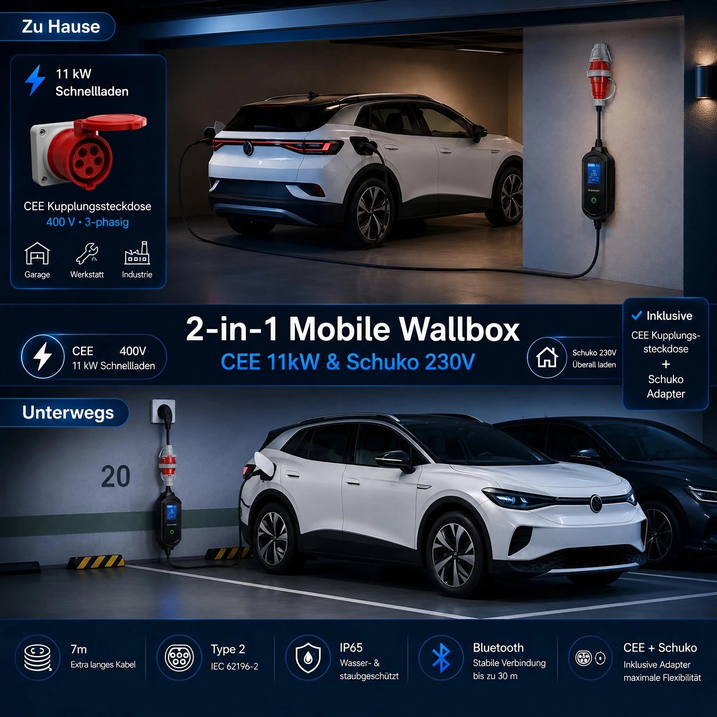 Mobile Wallbox 11kW mit App-Steuerung, Mobile Ladestation [7m | 3-phasig | 6–16A] mit Einstellbarer Ladeleistung, IP65 Wasserdicht, Ladekabel CEE 16A auf Typ 2 für BEV & PHEV