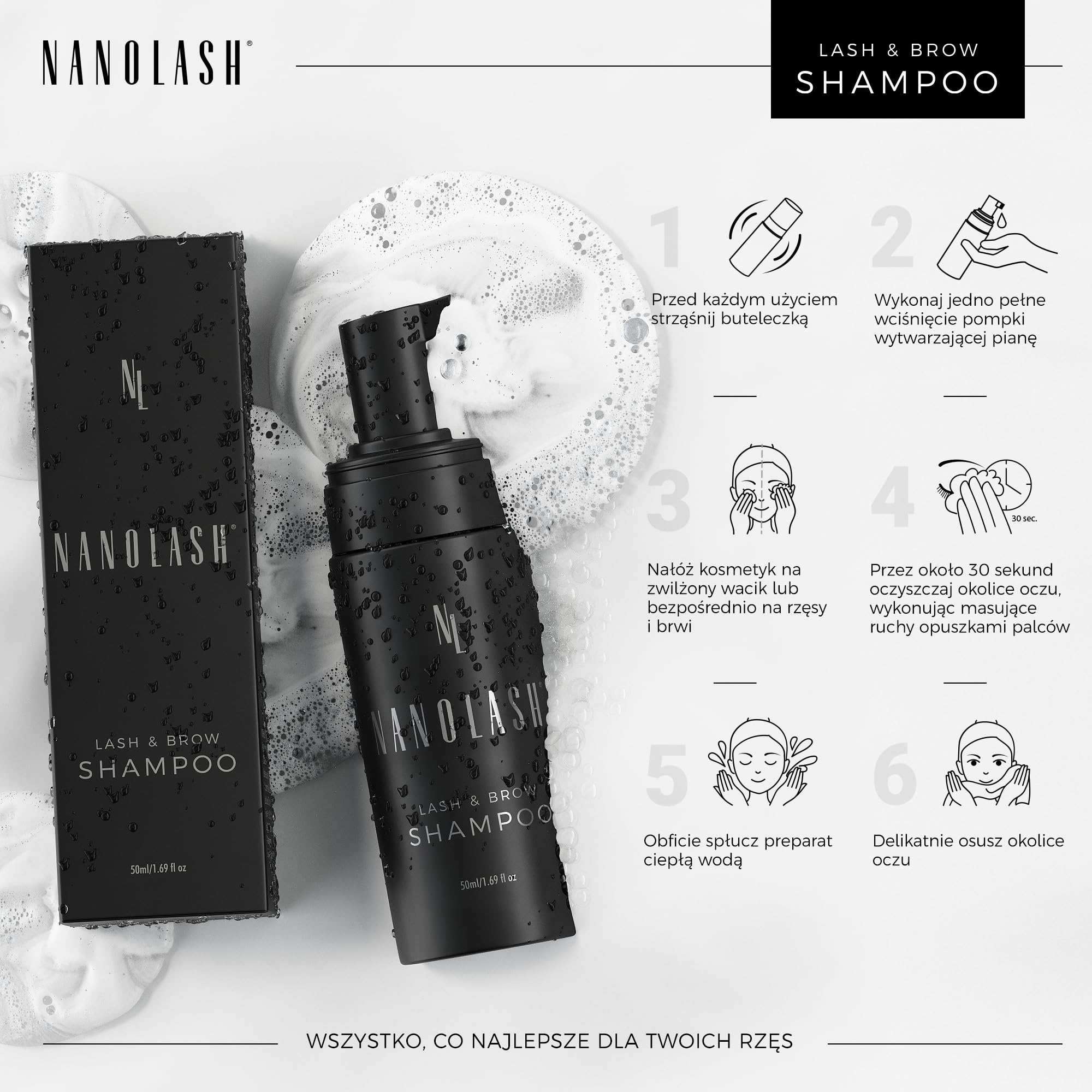 Szampon do rzęs i brwi Nanolash 50 ml - oczyszczający szampon do rzęs i brwi, pianka do mycia rzęs i brwi, szampon do przedłużania rzęs