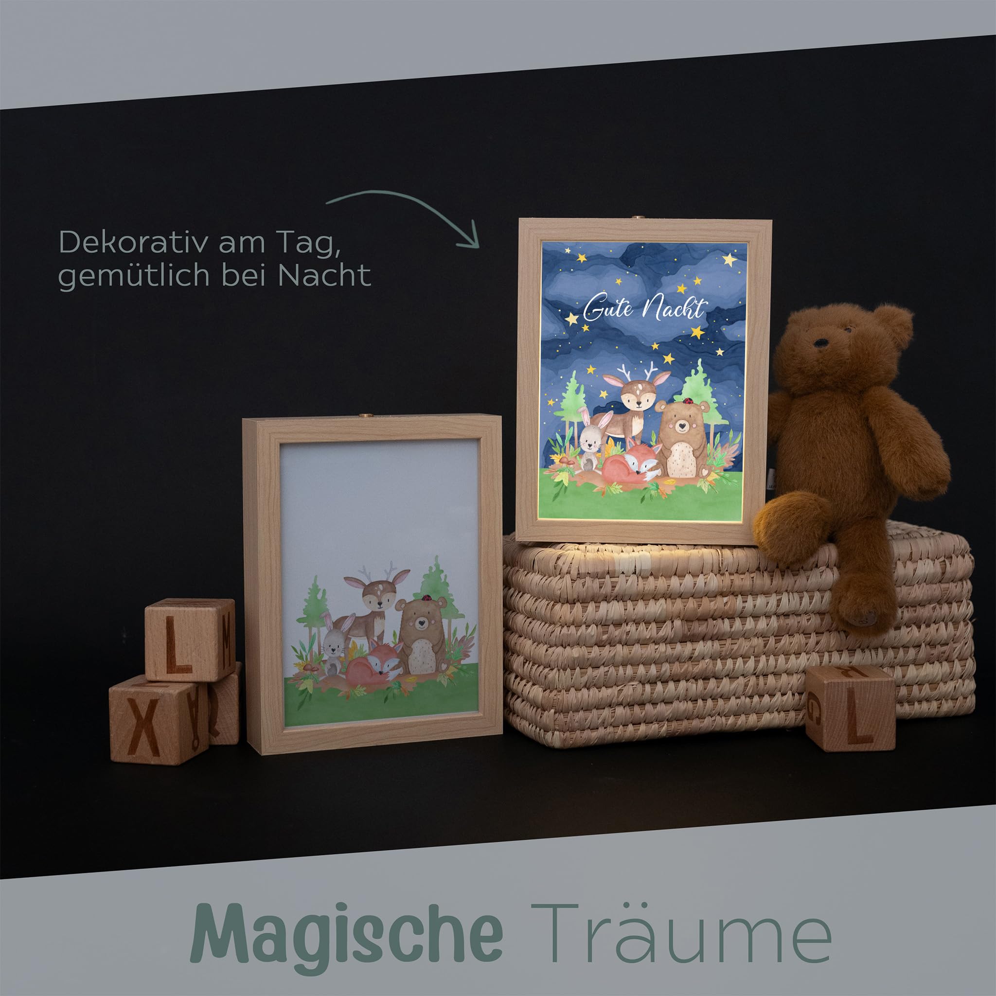 wunderwunsch Magica cornice illuminata personalizzata, regalo di nascita, regalo di compleanno per bambini, regalo di compleanno per bambini con nome indivuale (buona notte, piccolo)