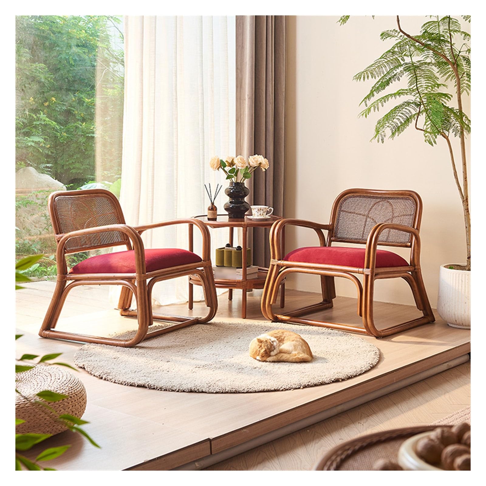 Sedia in vimini e rattan, Poltrona lounge in rattan retrò - Sedia in rattan naturale con cuscini e braccioli - Perfetta for il relax interno ed esterno, Mobili da giardino e patio