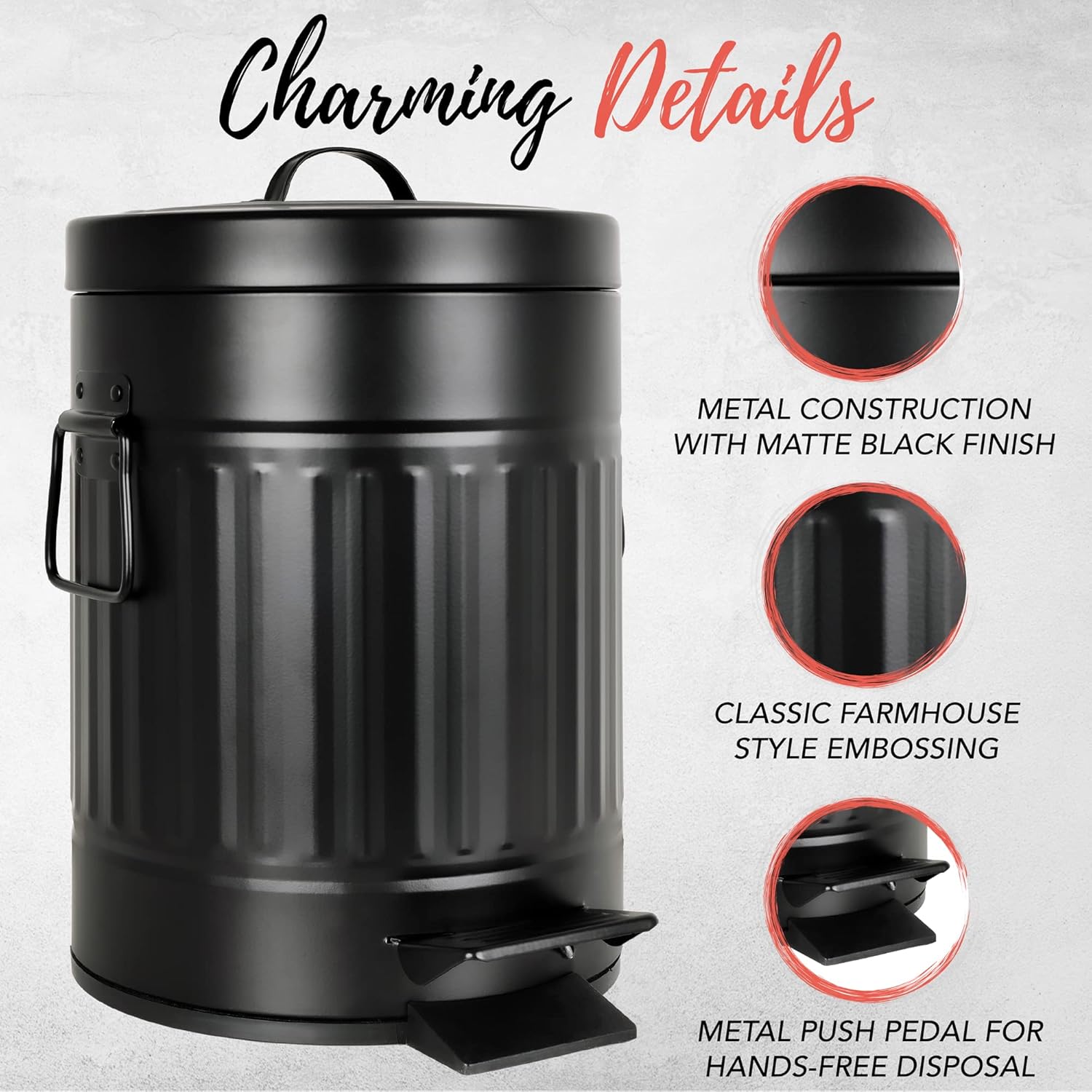 Buy Autumn Alley Farmhouse Bathroom Black Trash Can with Lid Small 5L, 1.3 Gallon Bathroom