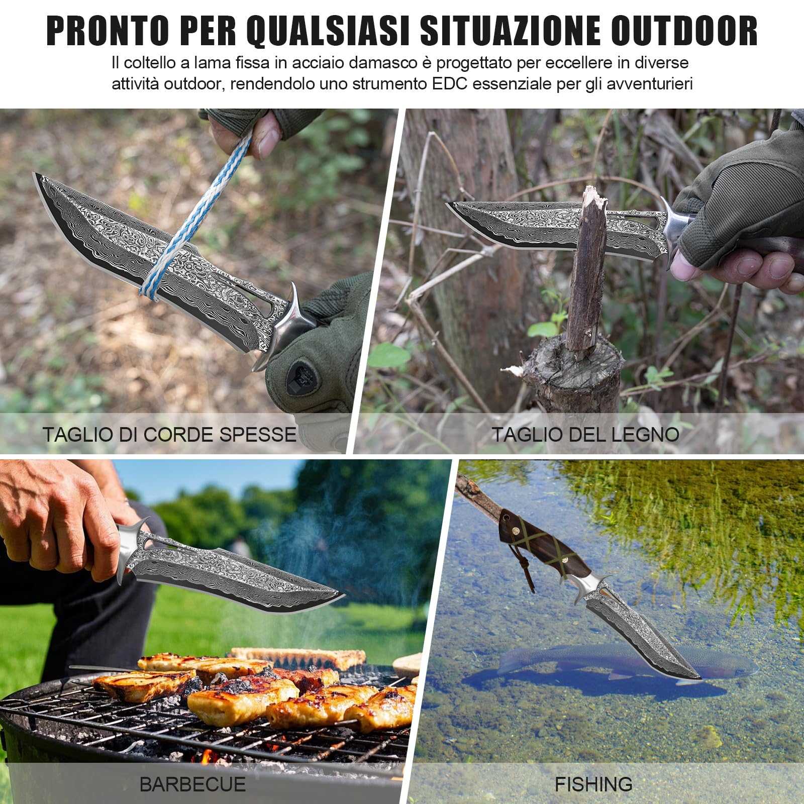 Coltello Outdoor in Acciaio Damasco 26,4 cm con Fodero, Lama Fissa Artigianale VG10, Manico in Legno, per Camping, Bushcraft e Attività all’Aperto