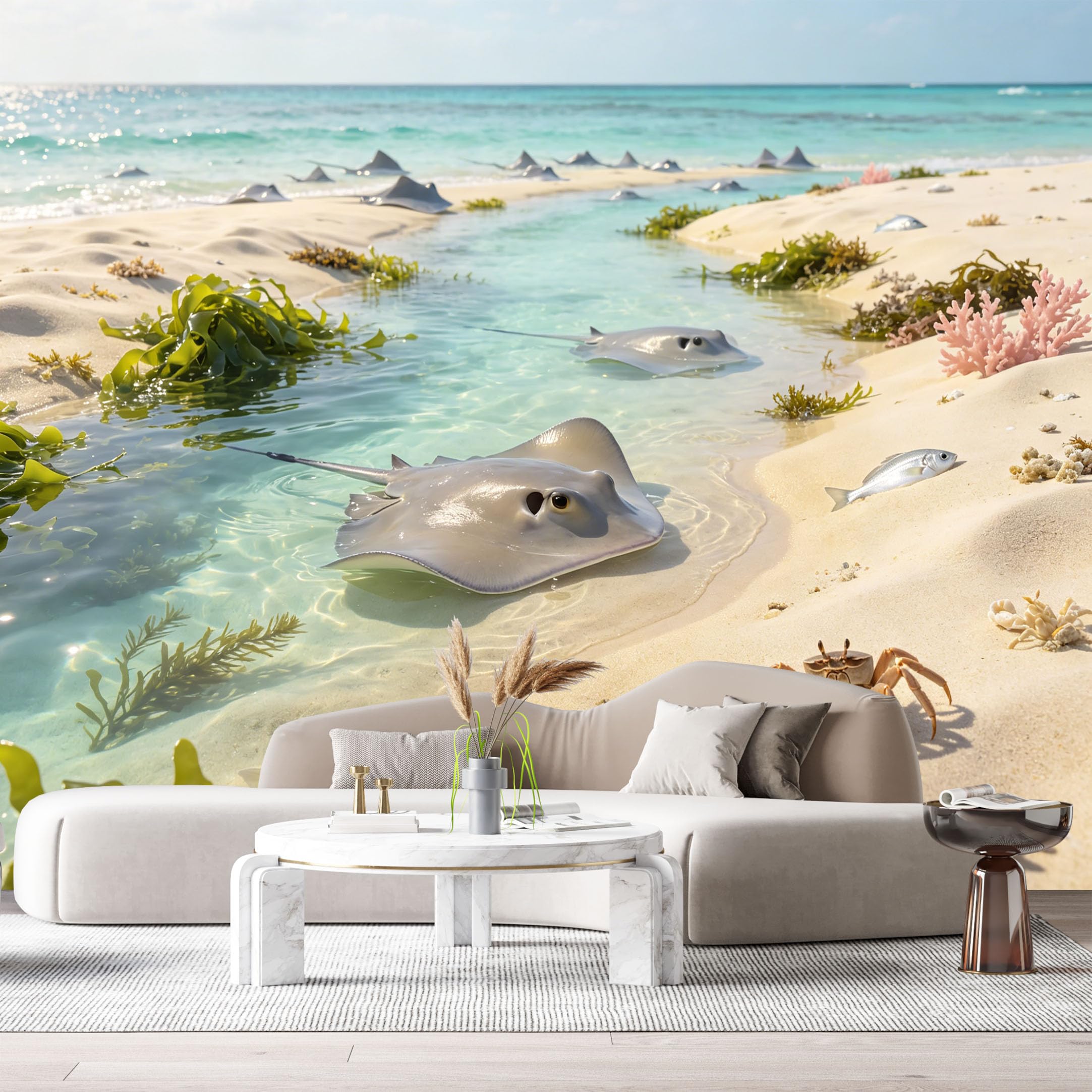 Custom Size Wall Murals Coastal Ocean Marine Stingray Tropical Beach Coral Reef SelfAdhesiveWall Fabric Removable Wallpaper Wall Decor for Living Room Bedroom Bathroom