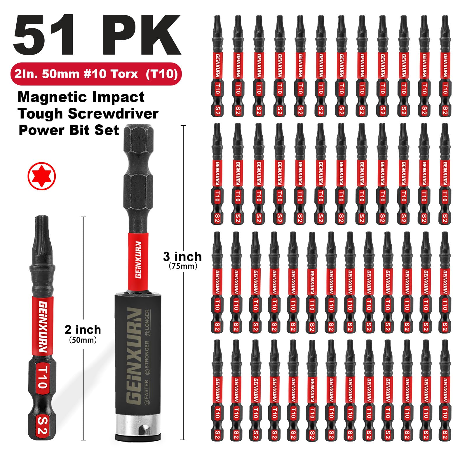 Geinxurn Juego de 51 brocas magnéticas resistentes al impacto T10 de 2 pulgadas, 10 puntas de potencia de cabeza Torx, juego de puntas de destornillador S2 de aleación de acero Star T10 con 1 soporte